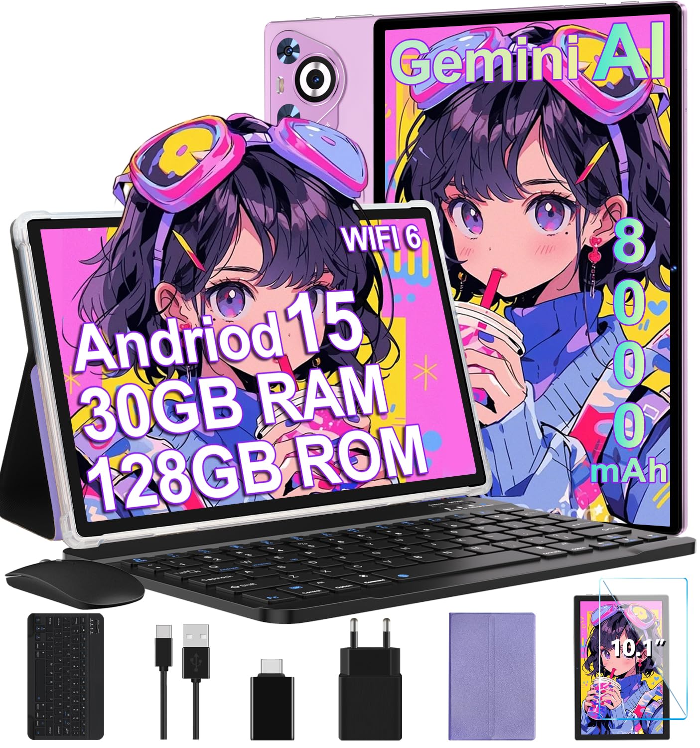 Tablet Android 15, 30GB RAM 128GB ROM(TF 2TB Espandibile), 10 Pollici, 8000mAh, WIFI 5G/ GPS/ BT5.0/ OTG, Face ID, Widevine L1, Tablets Corpo in Metallo con Tastiera, Mouse, Custodia Protettiva -Viola
