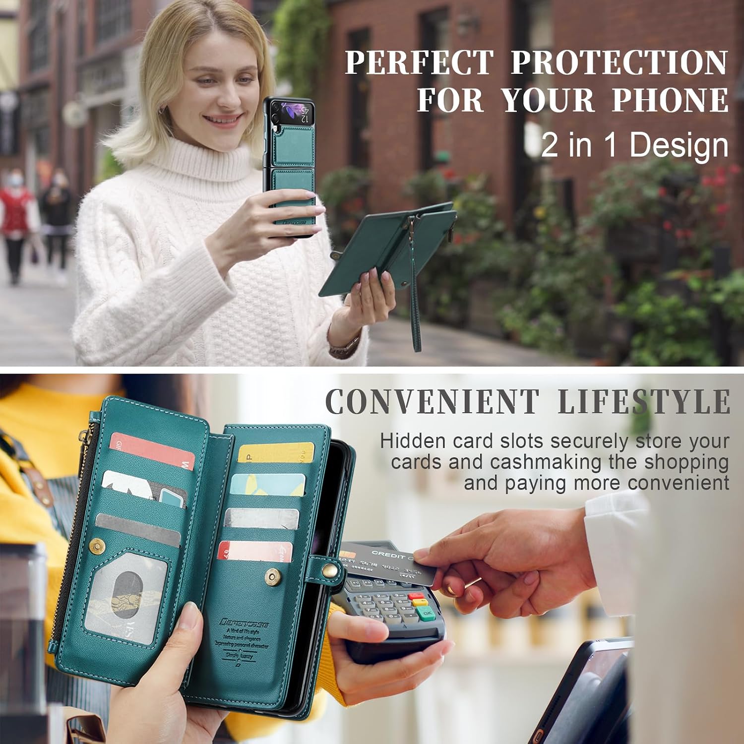 Defencase Compatible with Samsung Galaxy Z Flip 3 Case Wallet Detachable with RFID Blocking Card Holder, PU Leather Magnetic Snap Flip Zipper Strap Wallet Phone Case fit for Galaxy Z Flip 3 5G, Green