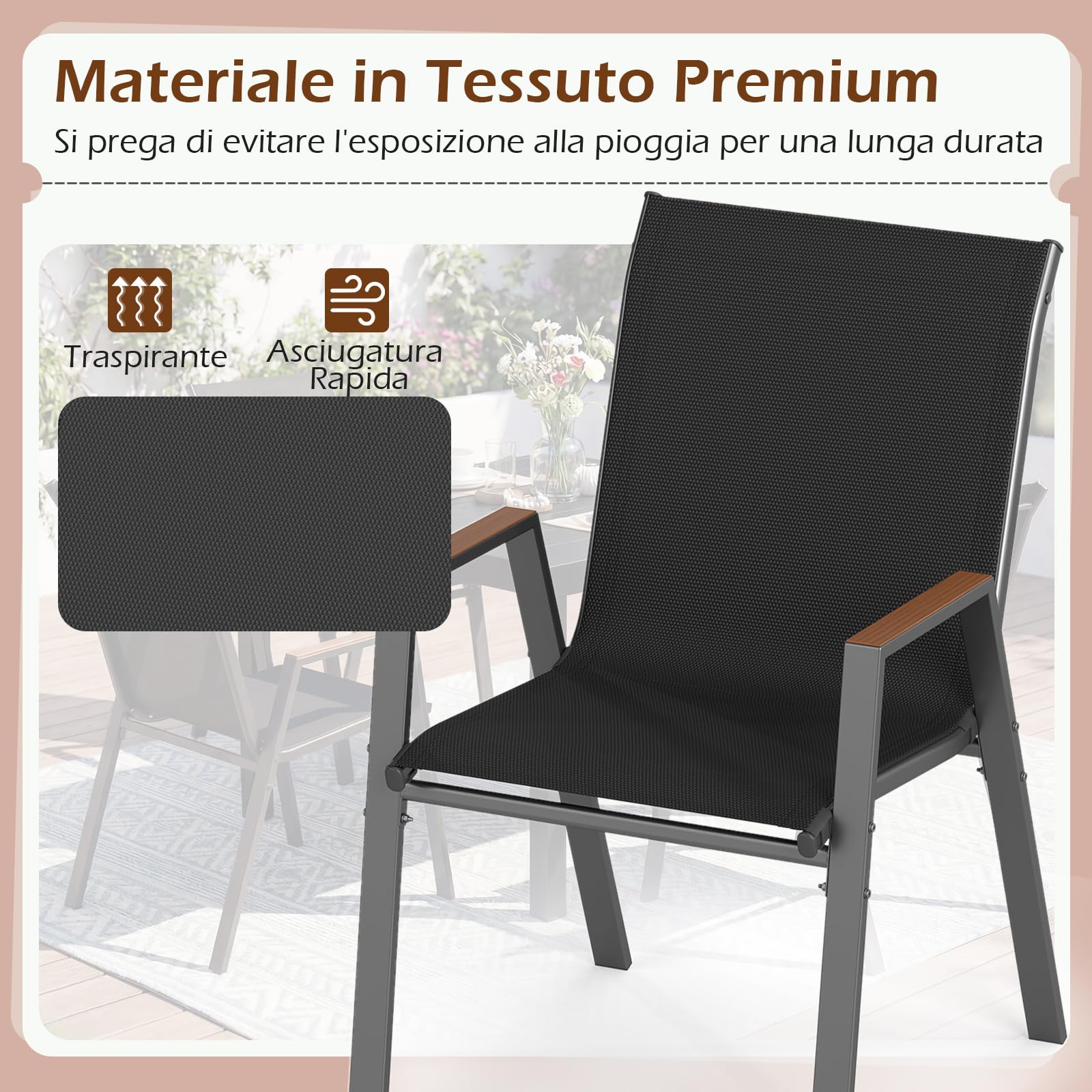 COSTWAY Set di 2/4 Sedie da Giardino, Poltrone in Tessuto Textilene per Esterno, Sedie Impilabili con Gambe in Metallo, Portata 180 kg, 56 x 66 x 88 cm (Nero,4)