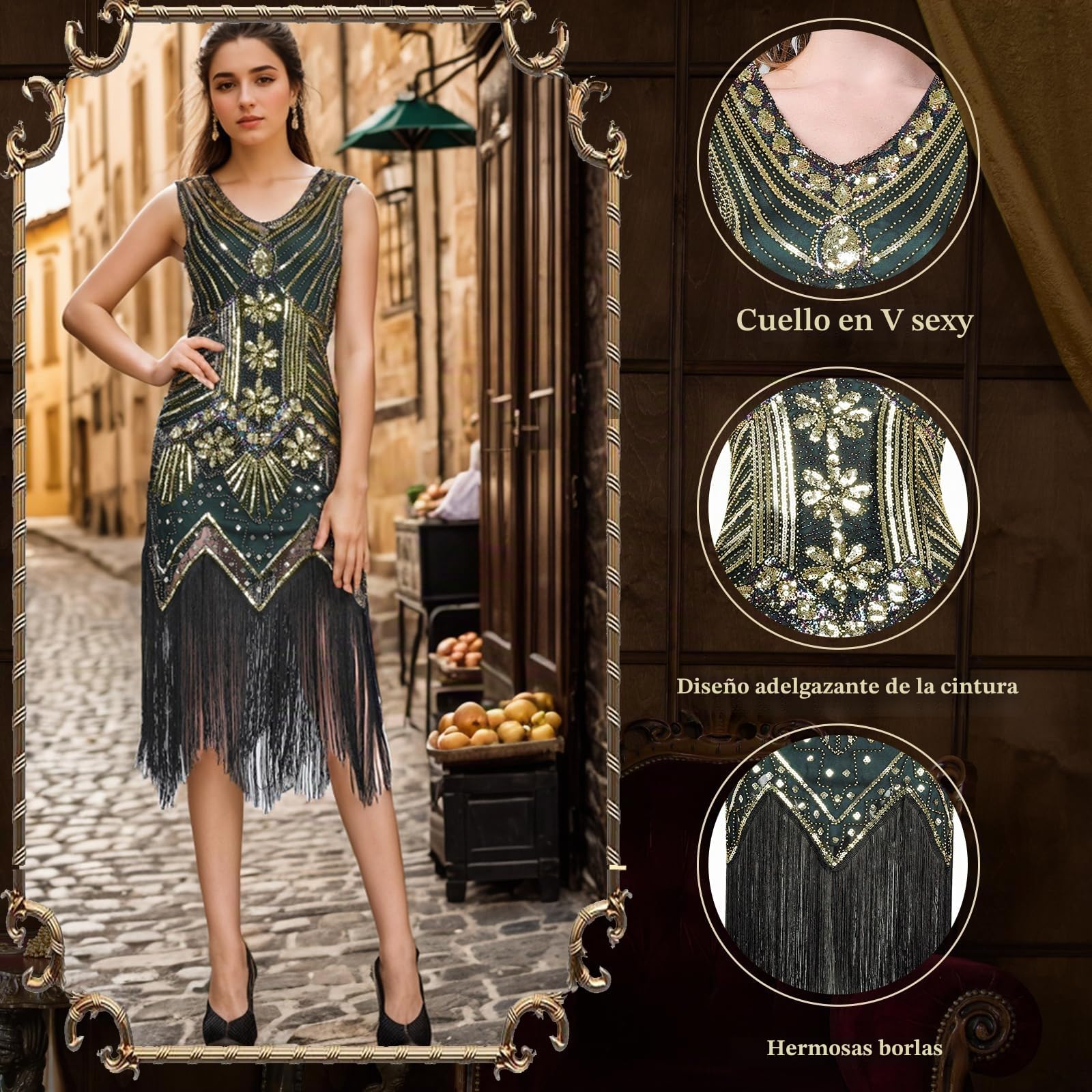 FEPITO Vestidos estilo flapper de los años 20 para mujer, vestido estilo Gran Gatsby con lentejuelas y flecos para mujer con accesorios de los años 20 (verde(estilo 3),Small)