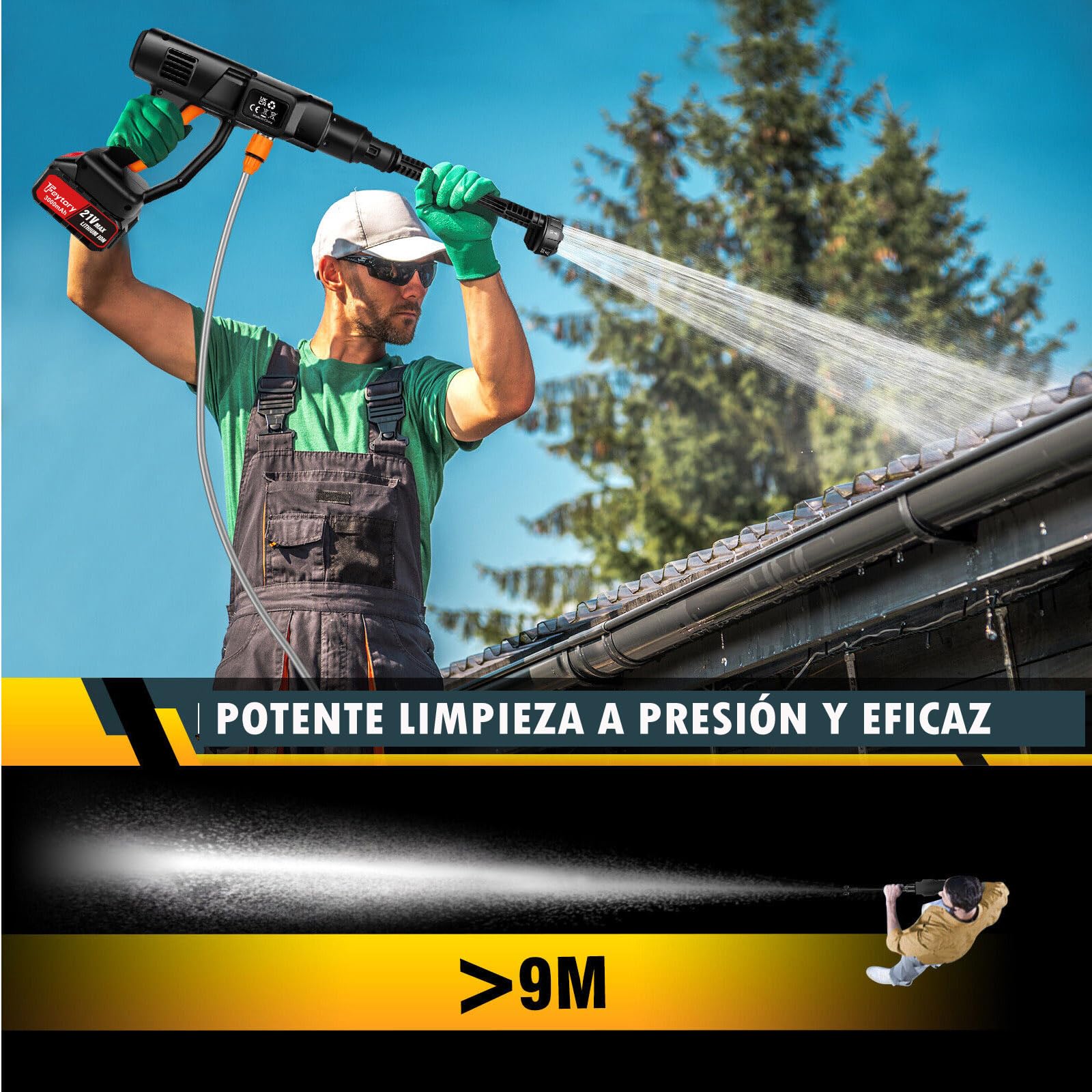 21V 45 Bar/652 PSI Hidrolimpiadora sin Cable, Hidrolimpiadora portátil con batería de 3.0Ah,Boquilla Ajustable 6 en 1,Manguera de 16.4FT Limpiadora a presión para Coche/Suelo/jardín Limpieza y riego