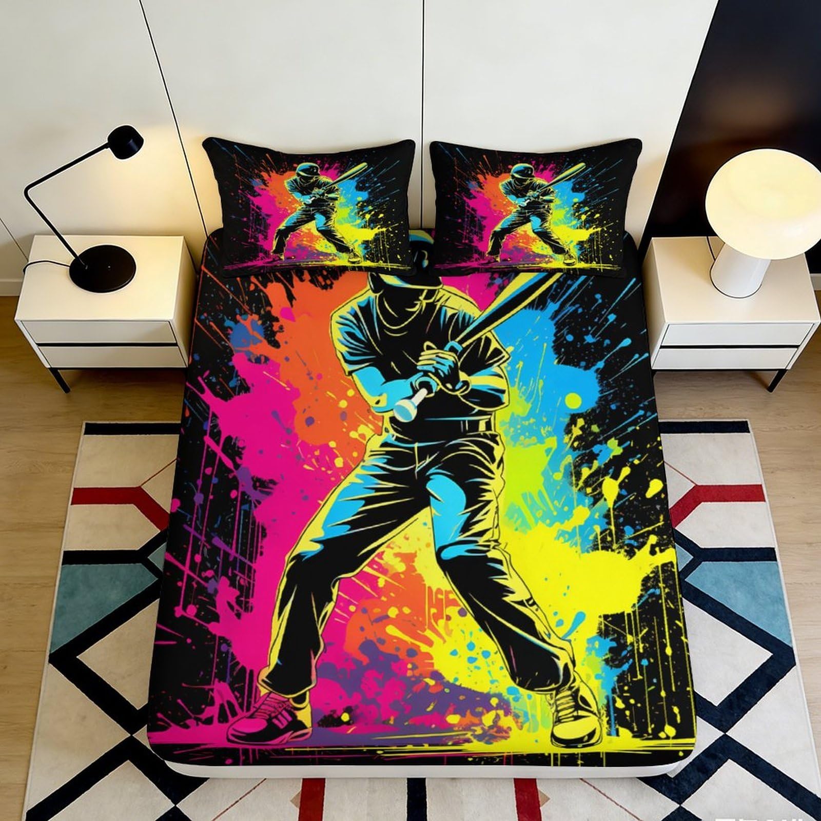 3D Printed Graffiti Baseball Fitted Sheet Microfiber Soft Colour Splash Bed Cover for Bedroom Guest Room Decor 90x200x25cm