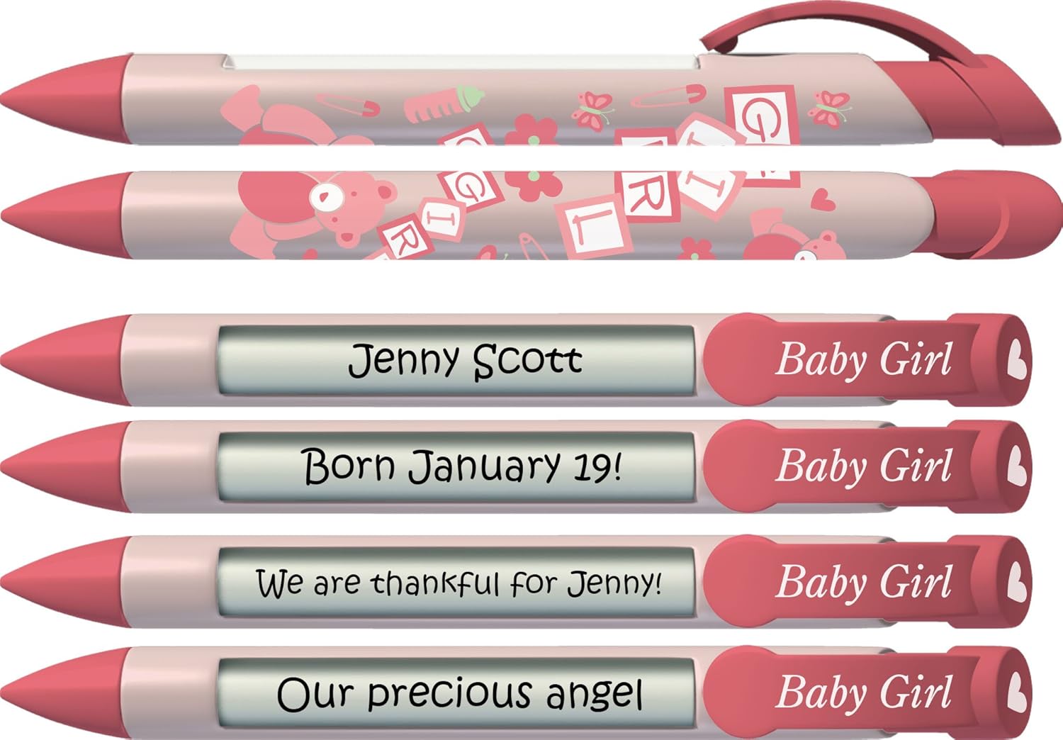 Greeting Pen Personalized Pens- Baby Girl Blocks Shower Favor/Birth Announcement Rotating Message Pen - 6 Pack (P-BP-22-6)