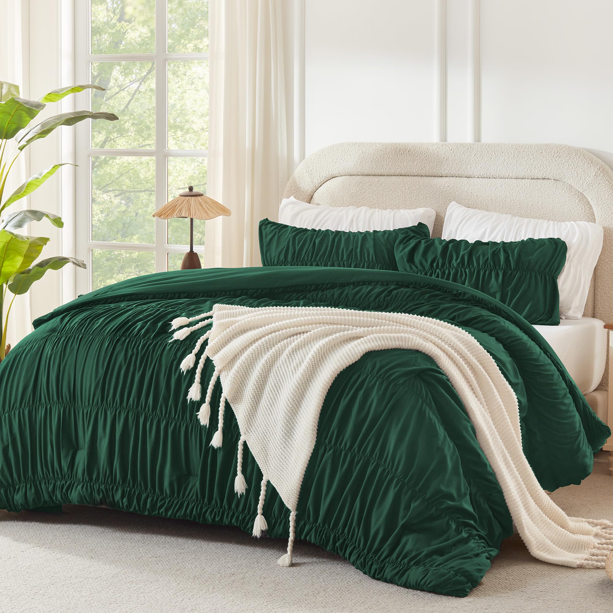 Andency Ruched Dark Emerald Green Oversized Queen Comforter Sets, 3 Pieces