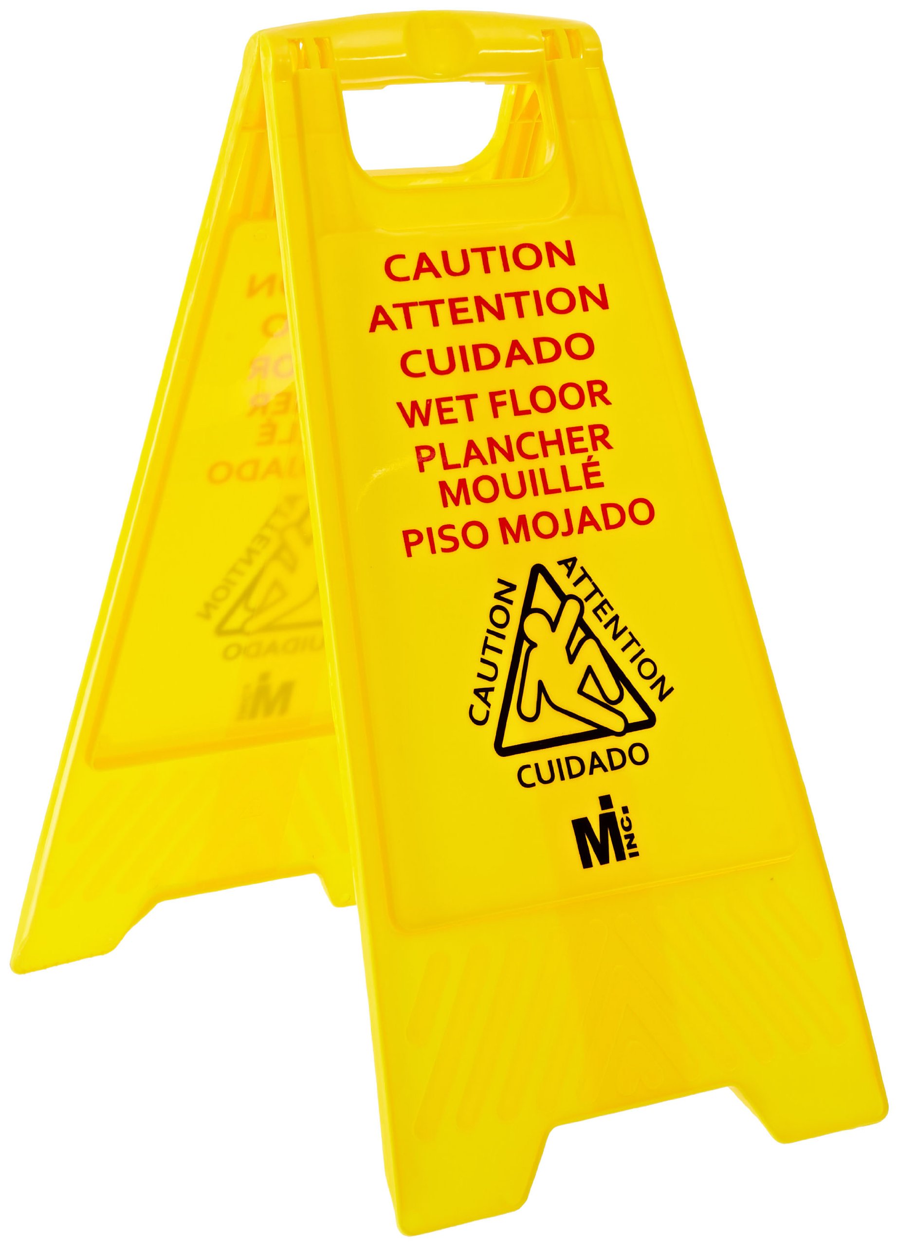 Mutual 14663 - Letrero de suelo industrial bilingüe de polietileno con picto, Legend"CAUTION WET FLOOR", color negro sobre amarillo