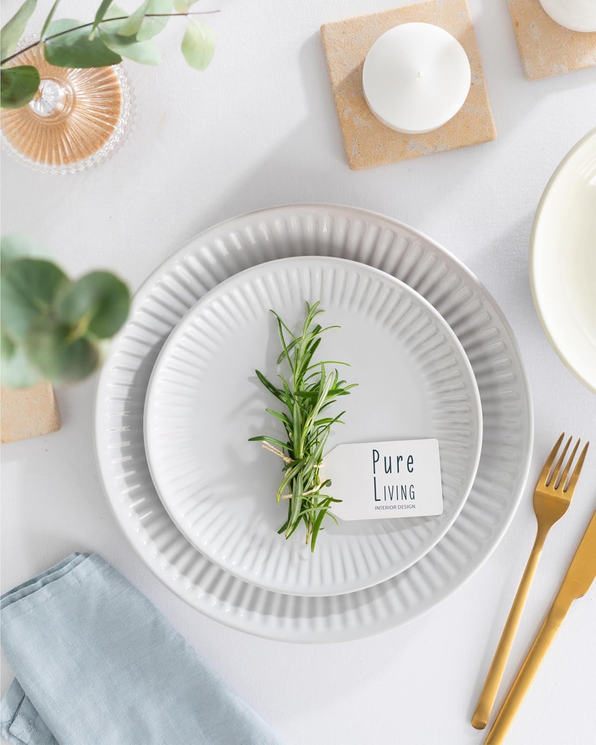 Stoneware Dinnerware Set for 8 People HYGGE 24-Piece - Elegant Scandi Design - Premium Dish Set - Bowl and Plate Set - Tableware for 8 People in a Ribbed Design - Pure Living in White