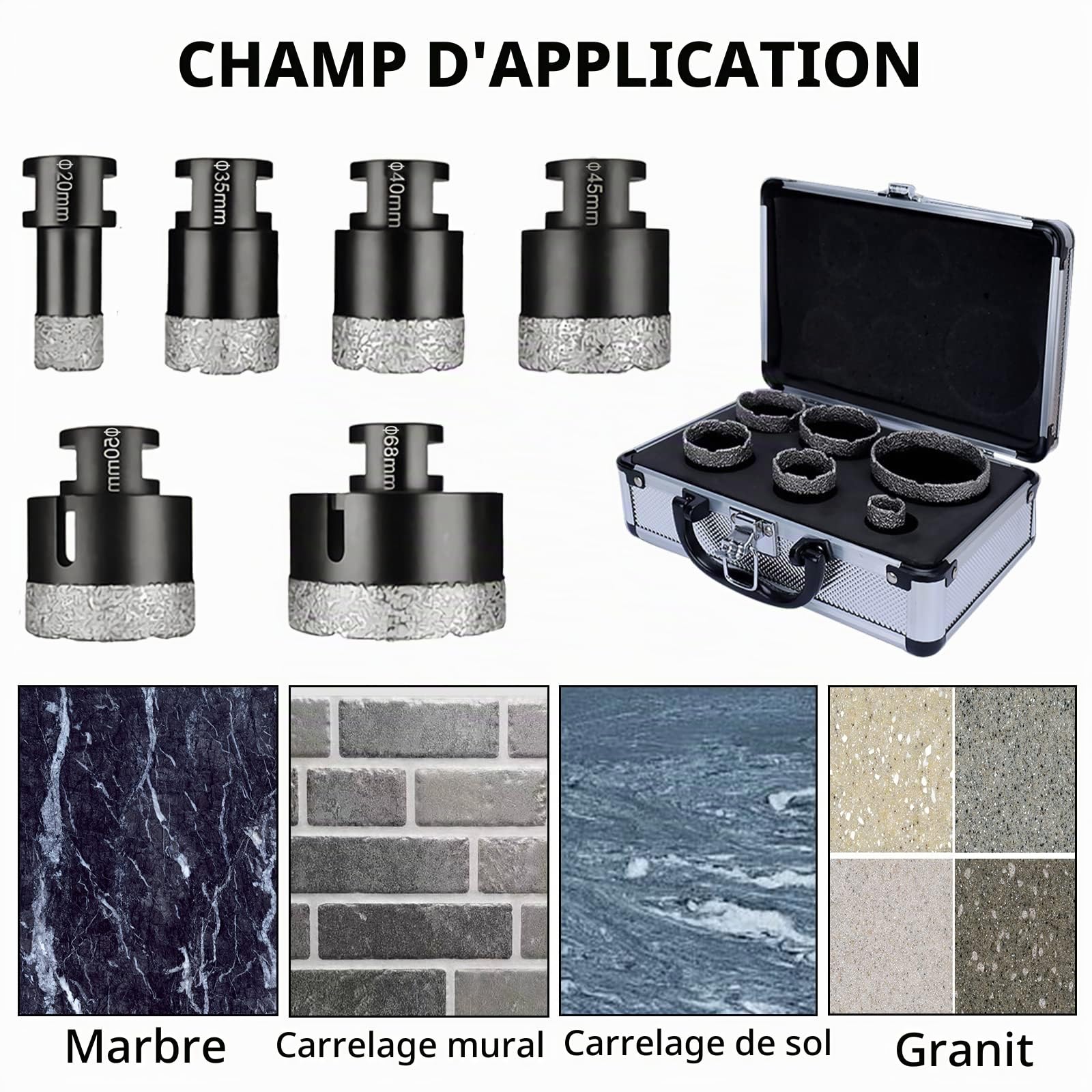 Foret Diamanté Scie Cloche Diamantée Kit Couronne Forage 8 PCS Avec Carton, 20/35/40/45/50/68mm Et 1 Lame 1 Accessoire Foret à Carrelage Pour Meuleuse D'Angle M14 Set