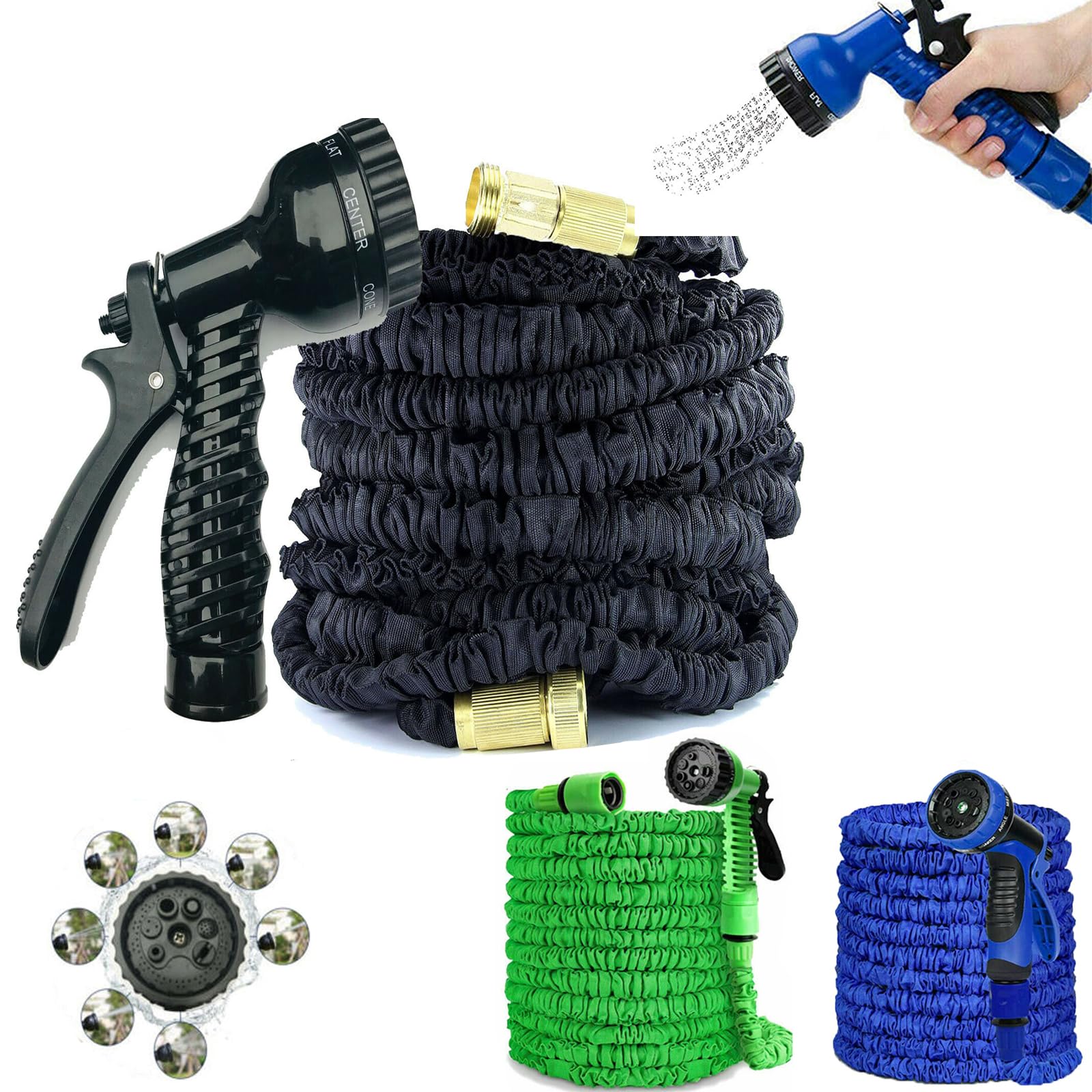 75FT/100FT/150FT/200FT Expandable Flexible Garden Hose Pipes Gardening Hose with 7 Function Water Spray Nozzle Gun 3 Times Expandable Flexible Magic Hose Lightweight Easy Storage (Black, 150FT)