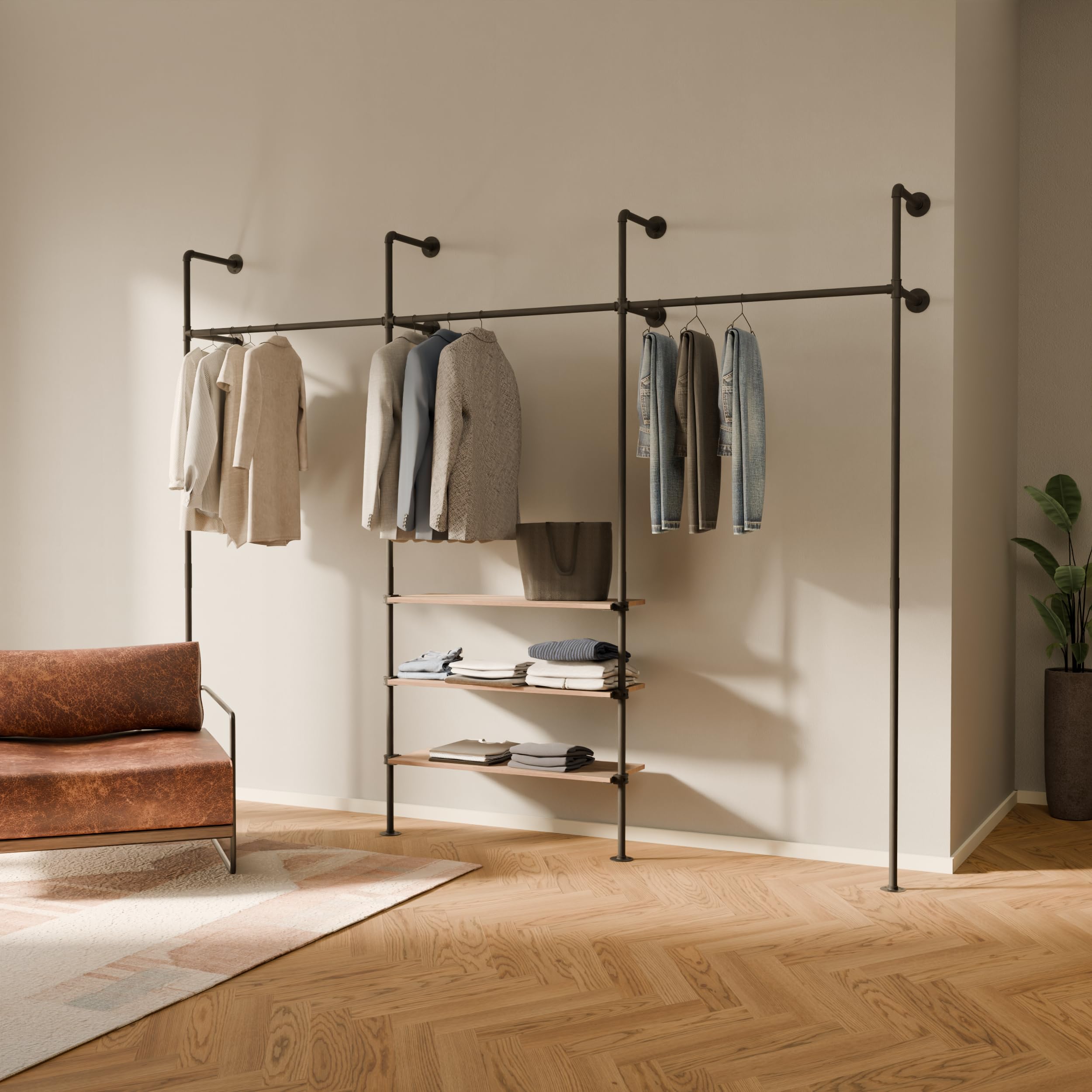 pamo appendiabiti da muro in stile industriale con ripiani in rovere – 296 x 222 x 32 cm – guardaroba aperto o porta abiti nero in metallo con tubi d’acqua per casa e negozio