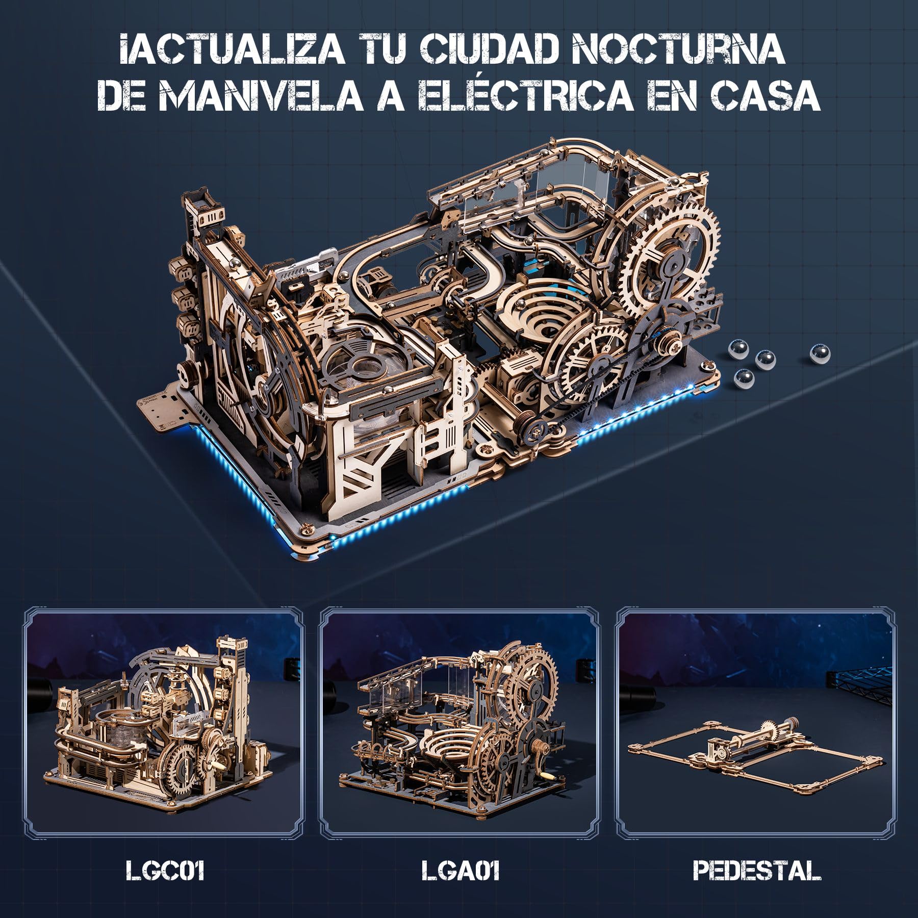 ROBOTIME LGC01+LGA01+LG01 3-en-1 Puzzle 3D Maquetas de Madera para Construir Adultos, LED Eléctrio Pistas para Canicas Kits de Modelos 3D, Regalos para Hombres, LGX02 (=LGC01+LGA01+LG01)