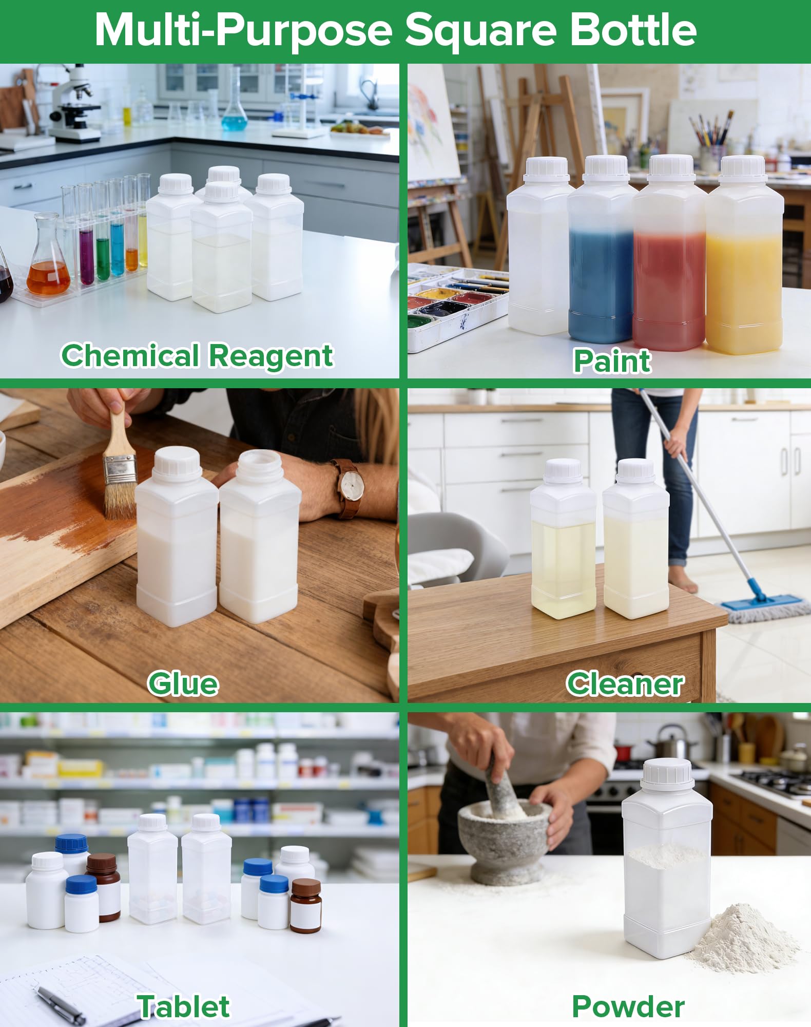 5 bottiglie a collo largo da 500 ml con tappo a vite, bottiglie di plastica HDPE, riutilizzabili, a collo largo, bottiglia vuota con coperchio per laboratorio, cucina hobby
