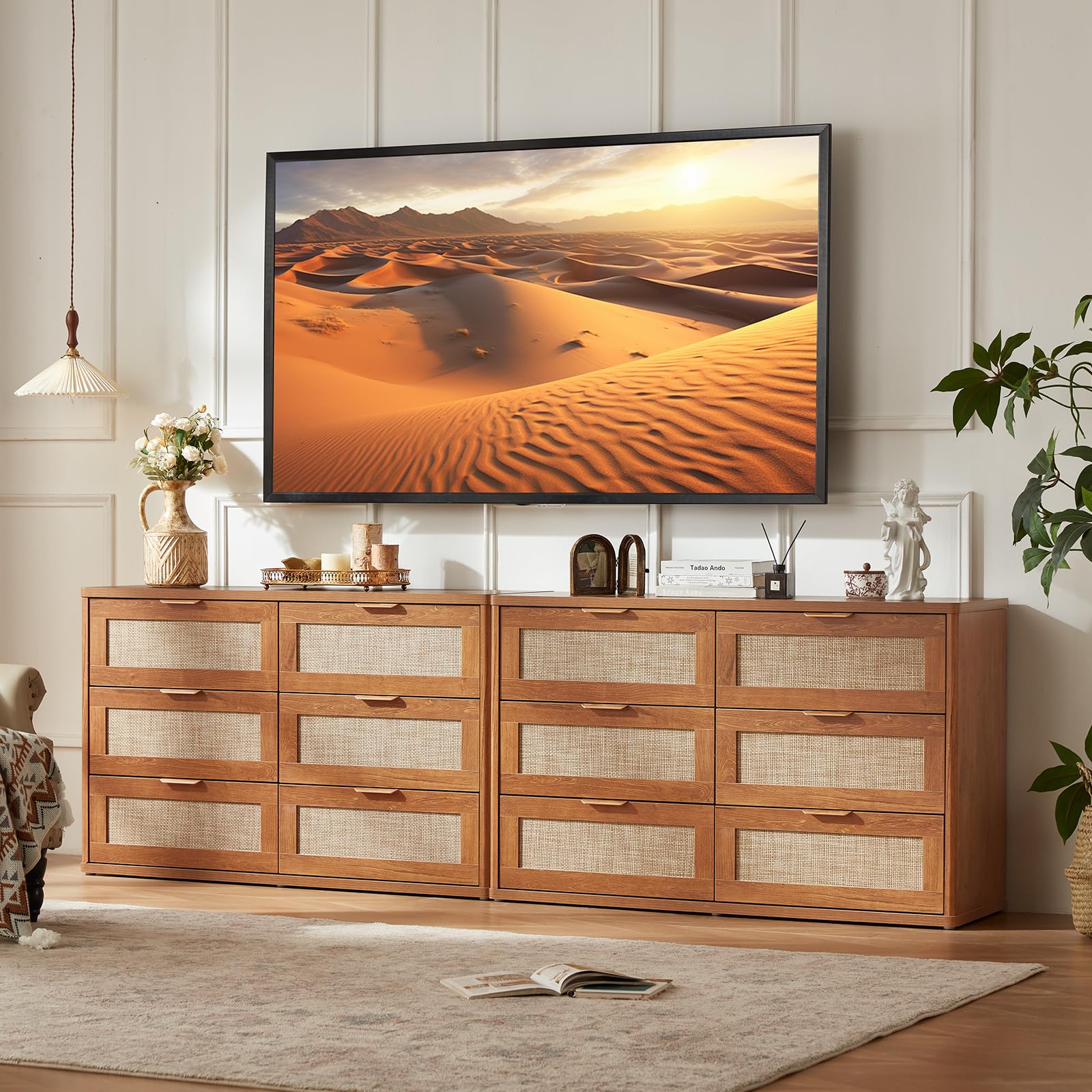LEYAOYAO Rattan Dresser and Nightstand Sets 3 Piece, Teac Brown