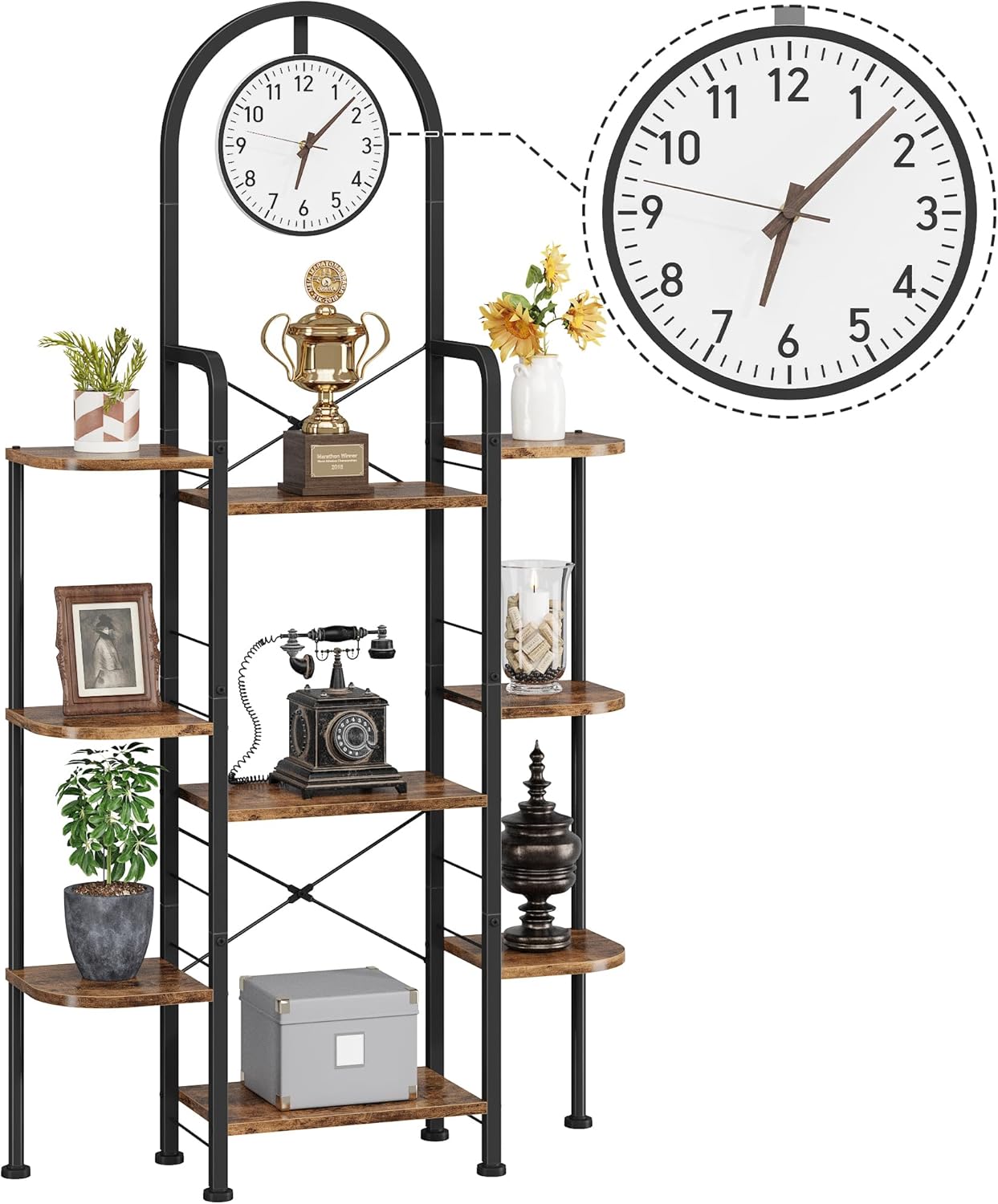 Bookshelf with Wall Clock, Triple Bookcase with Open Display Shelves, Industrial Style Book Shelves, Modern Display Shelf for Living Room, Bedroom, Home Office, Rustic Brown, 29.8" W