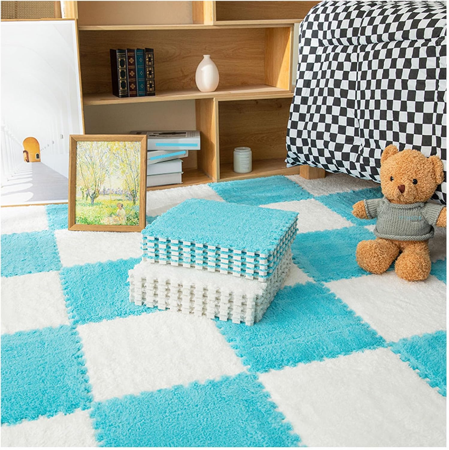 LoiYtrd 10pcs Plush Foam Interlocking Floor Mat DIY Cuttable Foam Mat Tiles 30x30x1cm Fuzzy Carpet Tiles(White+Dark Blue)