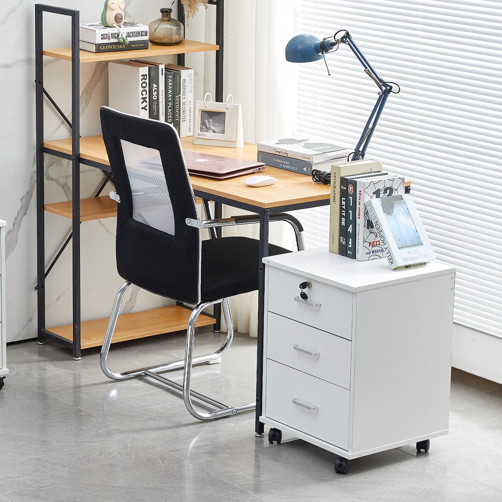 LEMROE Armadietto mobile a 3 cassetti con serratura e ruote in legno stile industriale per ufficio domestico (bianco, 3 cassetti)