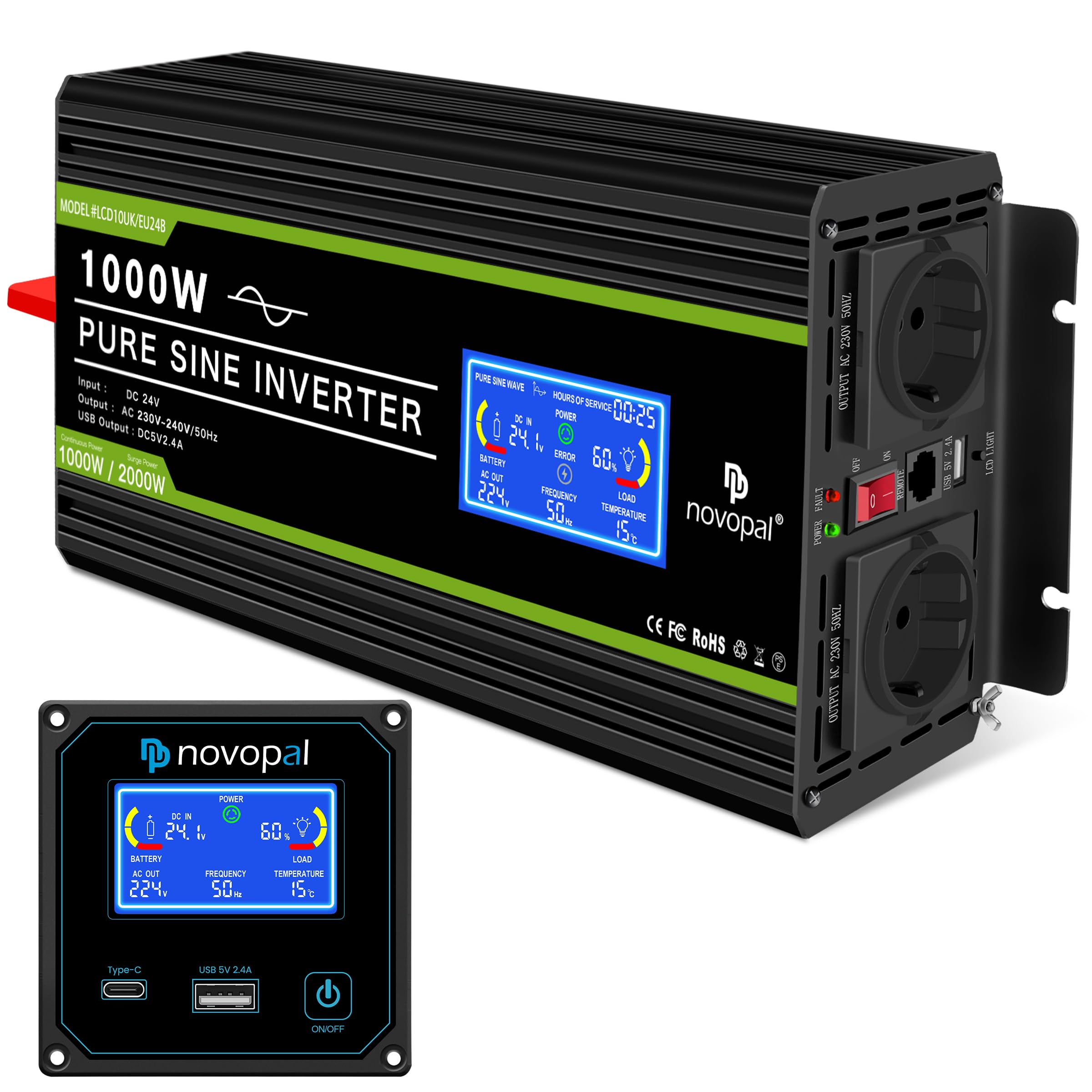 NOVOPAL Inversor 24V 230V Onda Pura 3000W Convertidor de Corriente Conversor 24V a 220V Transformador con 5m Control Remoto para Coche Camion — view 14