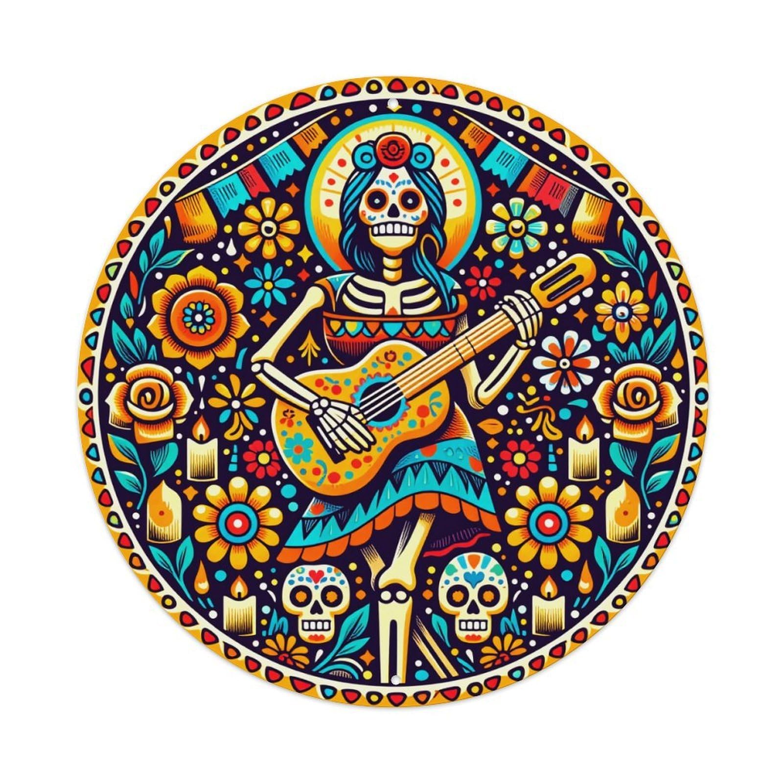 Day Of The Dead Art_2 Round Tin Sign Vintage Metal Poster, Home Bar Garage Man Cave Cafe Indoor & Outdoor Wall Decoration 8x8Inches