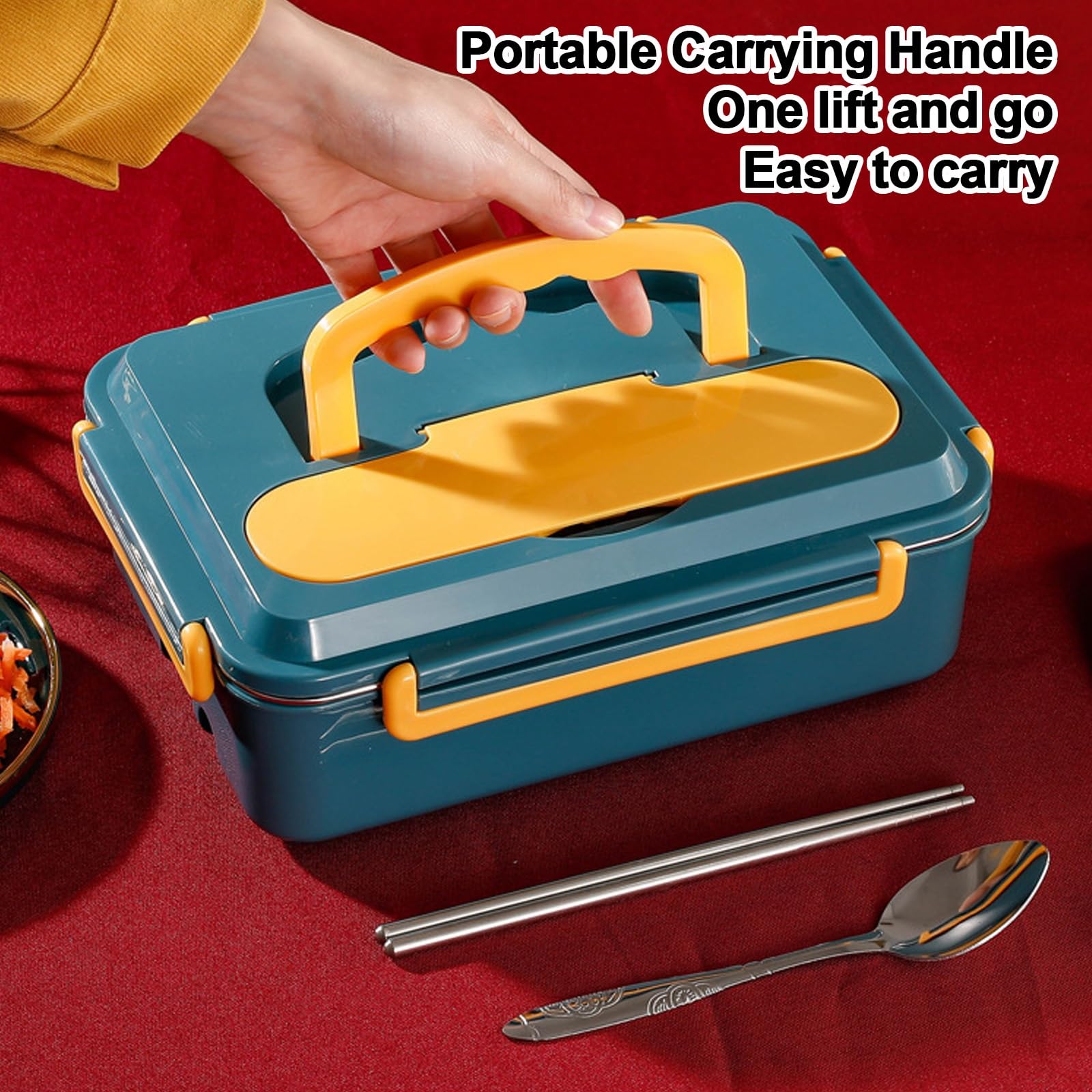 Fiambrera térmica portátil de acero inoxidable con 3 compartimentos y cubiertos, ideal para el trabajo, el coche, el camión o el hogar. Calentador de alimentos portátil de 1,2 litros con bol