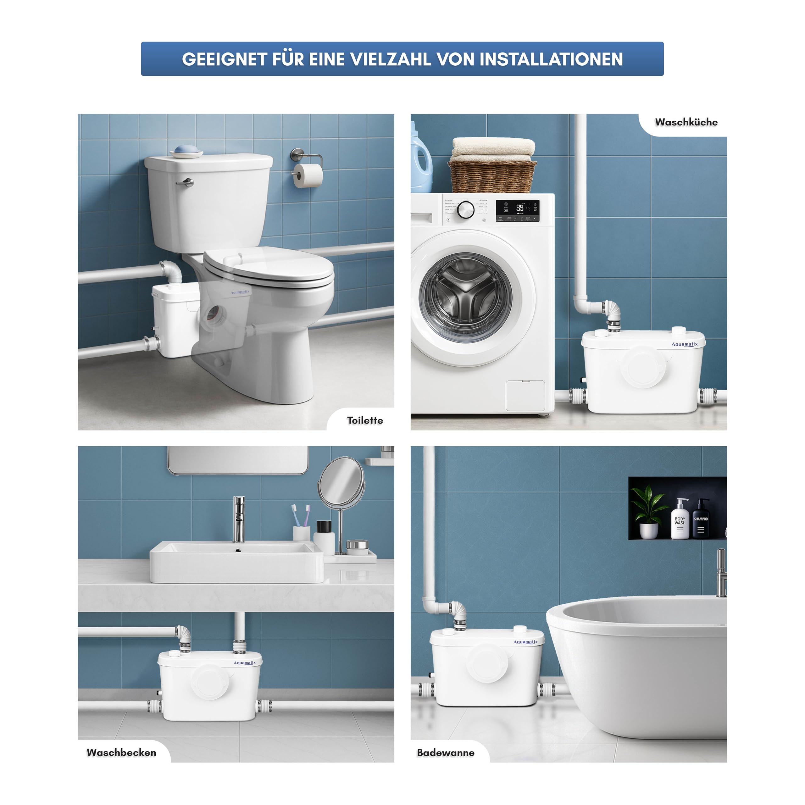 Aquamatix Hebeanlage 400W Sanitäre Abwasserpumpe 100L/min 8m Vertikale Förderstrecke mit 3 Einlässen für Toilette, Waschbecken und Badewanne mit Kohlefilter