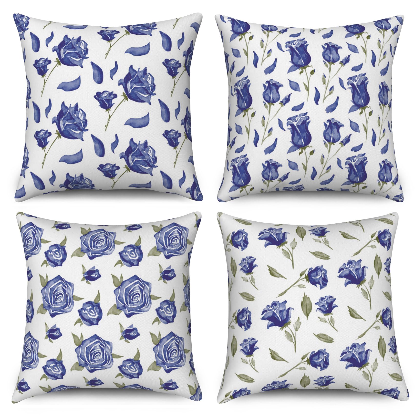 ASDCXZ Flower Pillow Cover 45x45 cm 4pcs Set, Spring Blue Purple Roses Flowers White Sofa Deco Pillow Covers Pillow Cover Washable Polyester Textile Outdoor Pillow Cover Pillow Cover