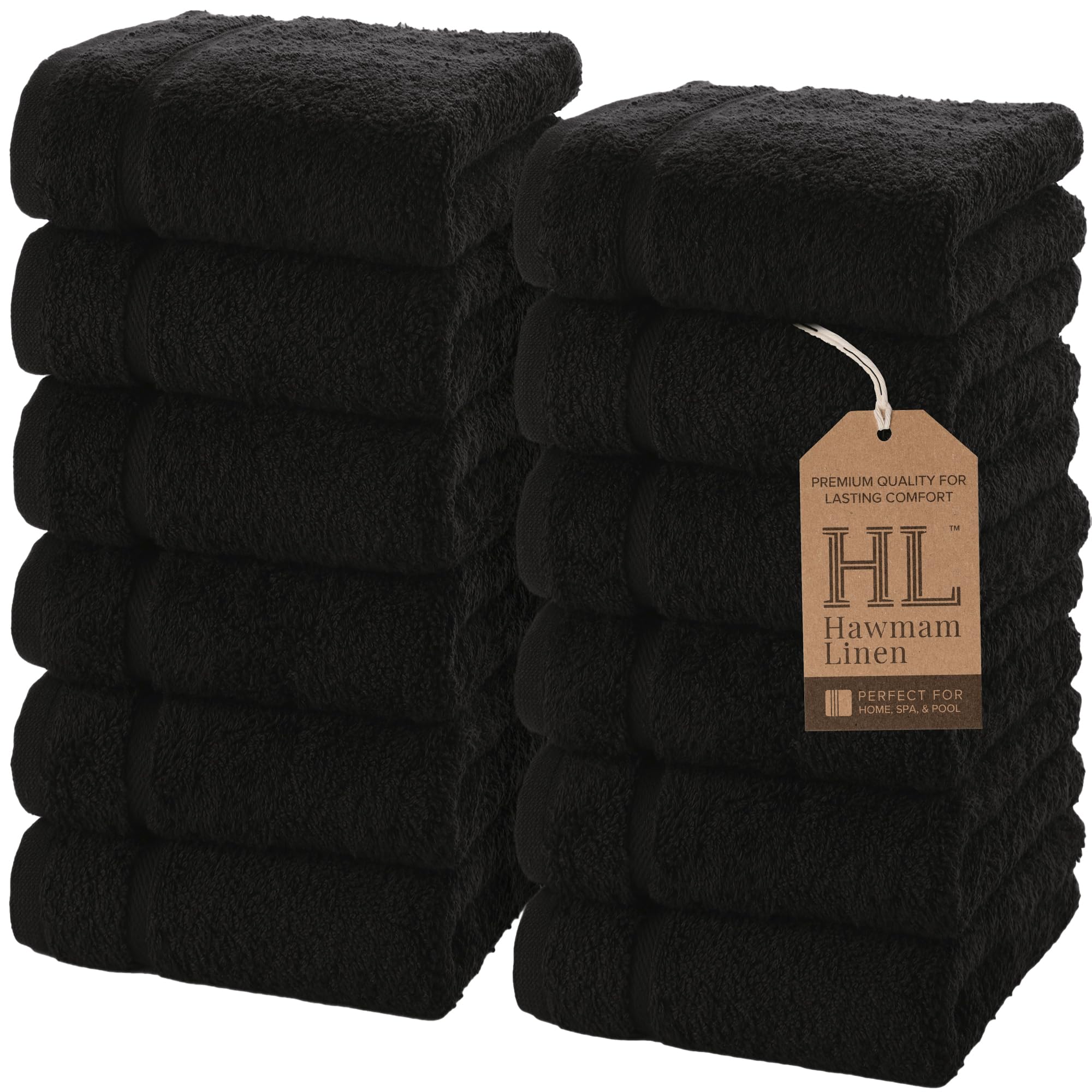 Hawmam Linen Wash Cloths, Turkish Cotton Washcloths, 12 Pack, Black