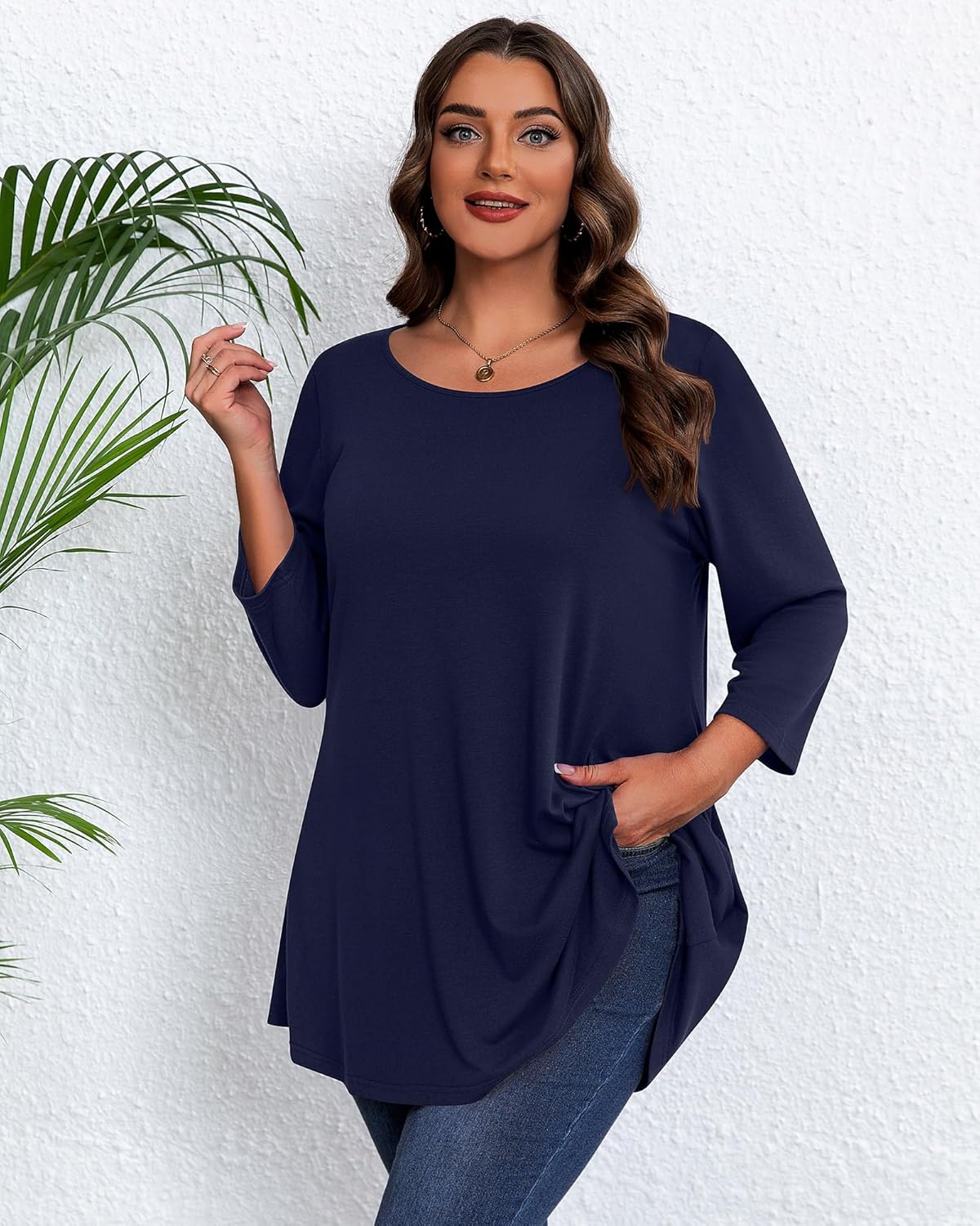 3 Pack Plus Size 3/4 Sleeve Tunics Tops for Curvy Women, Loose Fit Casual Comfy Swing Flare T-shirts for Leggings - Image 2