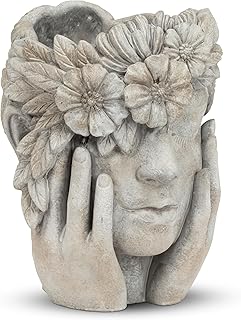 Abbott Collection Woman w/Flower Halo Cement Planter - Grey, (9.5