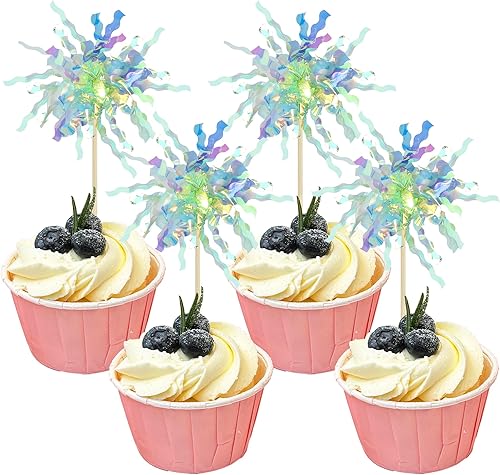 Miniatura 23 de Gyufise 30 Piezas Decoraciones de Papel de Aluminio para Magdalenas de Fuegos Artificiales Decoraciones de Pastel de Feliz Cumpleaños Agitadores de