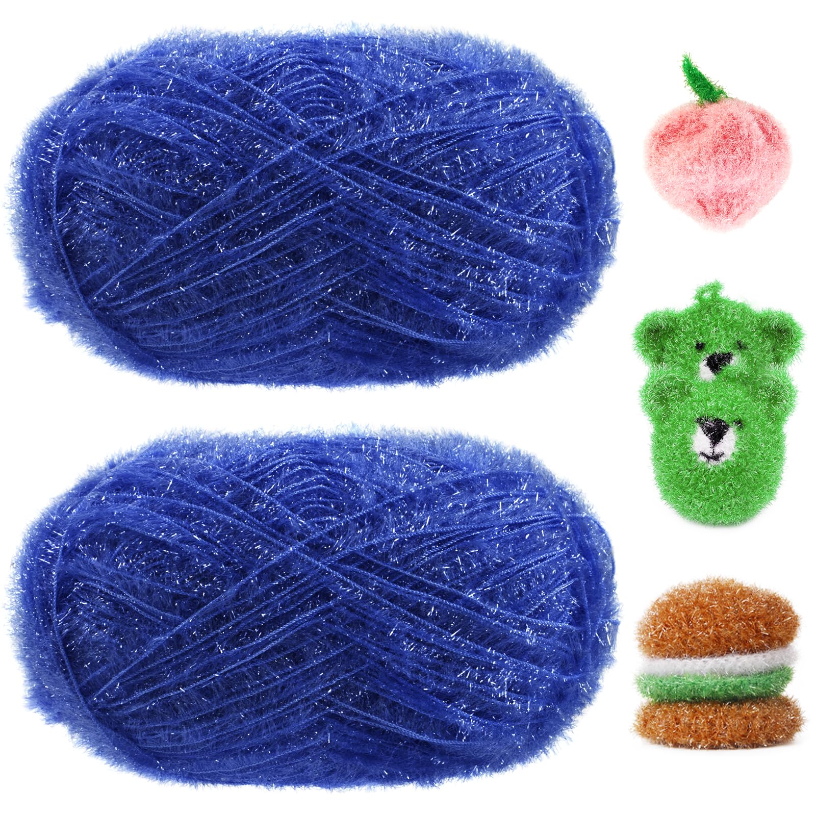 Uiopa Glitter Yarn for Crochet 2 Skeins (2 x 100g, 2 x 200m) Scrubby Yarn Fluffy Polyester Cord for Crocheting Knitting Dishcloths Washcloths Home Decor DIY Crafts (Royal Blue)
