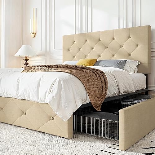Miniatura 66 de HOOMIC Base de cama de almacenamiento de plataforma de tamaño matrimonial con 4 cajones y cabecera ajustable, listones de madera, no necesita Negro,