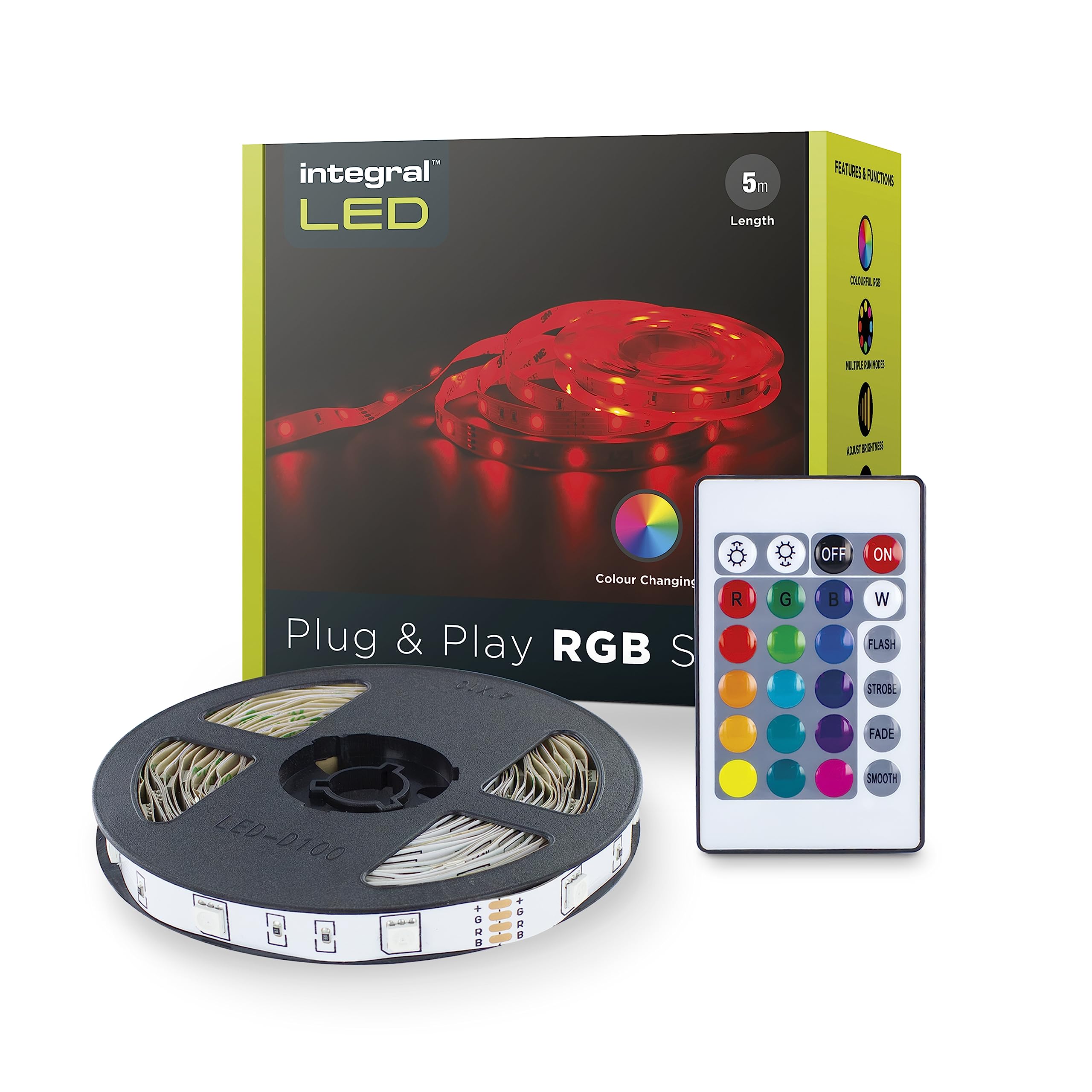 Integral LED 5m RGB Strip Light with UK Plug Adapter & IR Controller, Plug & Play, Colour Changing, Dimmable – Adjustable Colour & Brightness