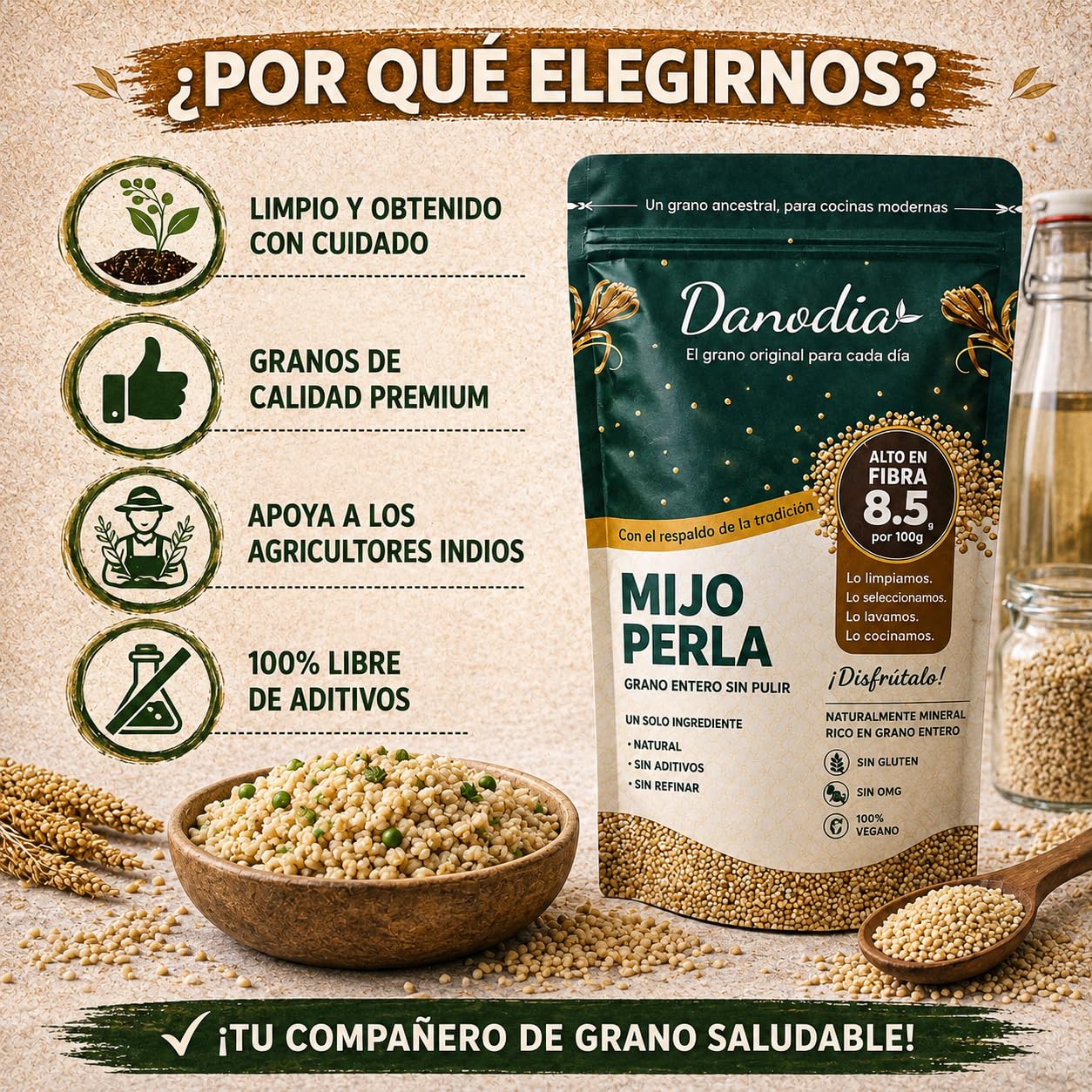 Danodia Foods Mijo Perla Pearl Millet Integral No Pulido 950 g / 2 lb, Cereal de Grano Entero Sin Gluten, Alto en Fibra 8,5 g por 100 g, No OGM, Vegano