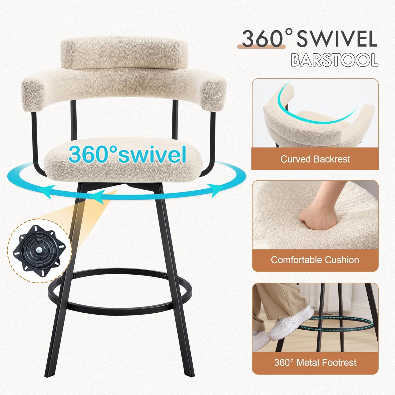 26" Mid Century Modern Bar Stools Swivel, Ergonomic Counter Height Bar Stools Set of 4, Upholstered Counter Chairs with Curved Back and Armrest for Kitchen Island, Linen Fabric, Beige