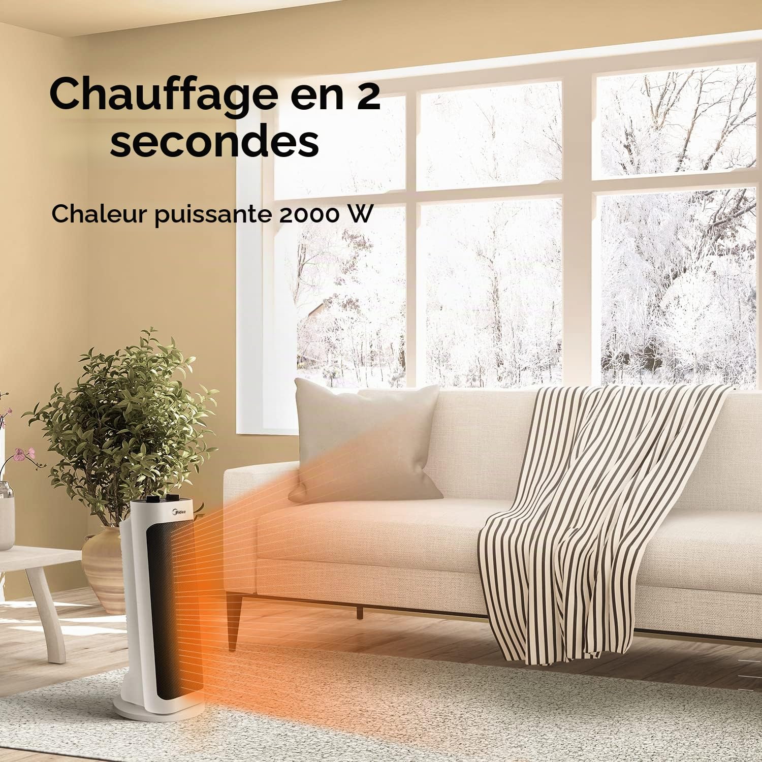 Midea NTH20-19JE Chauffage électrique faible consommation radiateur ventilateur 2000 W technologie céramique silencieuse, 2 niveaux de température, thermostat d'ambiance