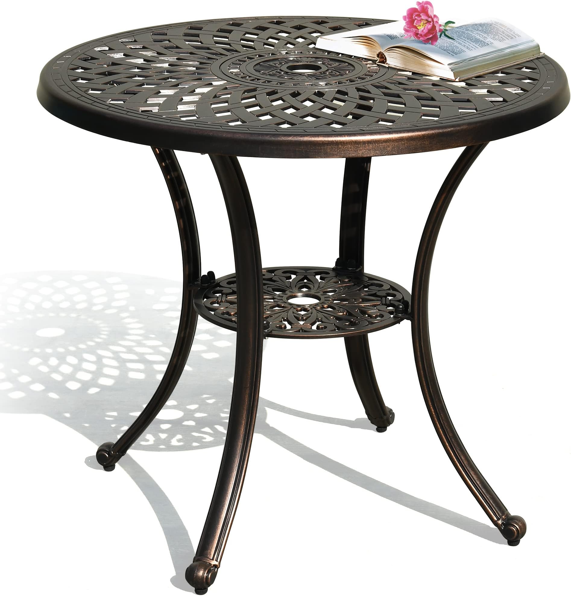 DWVO 30 Inches Round Patio Dining Table with Umbrella Hole, Antique Cast Aluminum Outdoor Bistro Table Outdoor Side Table for Backyard, Garden, Patio, Porch, Black