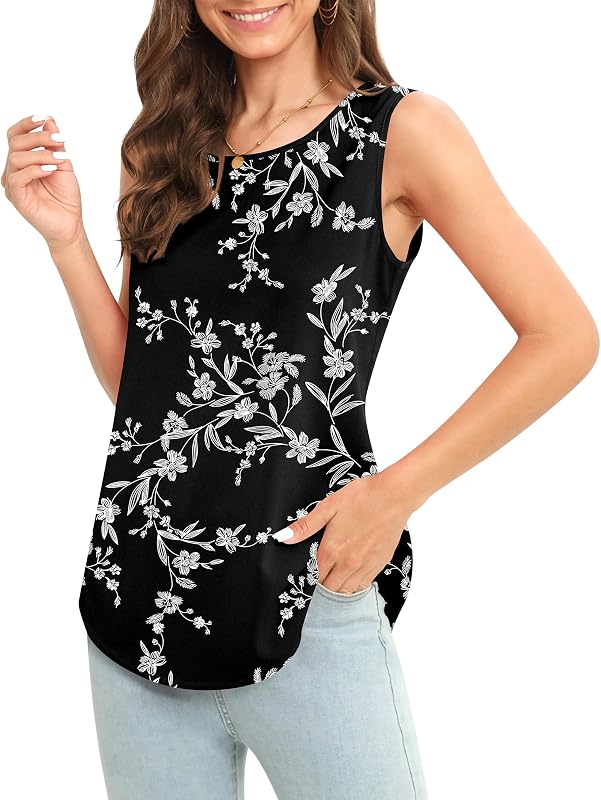 MEILANZJ Women's Sleeveless Chiffon Tank Top Business Casual Blouse Tunic Silk Tank Top,Large,White Flower Black image 3