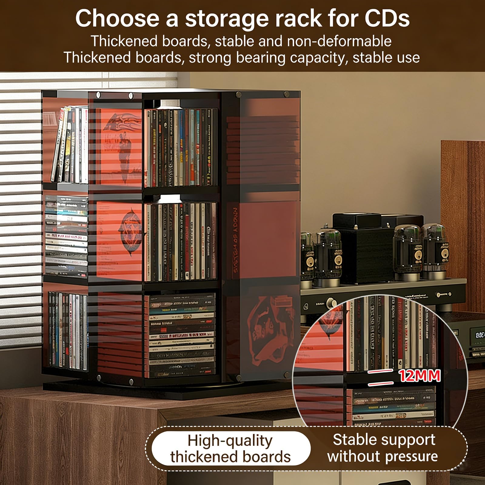Rotacyjna wieża CD, 360 Spin Vinyl Storage Rack, Space Saving Media Organizer dla 120 płyt, 4 Side Open Display Shelf, Solidne wykończenie orzecha włoskiego, Home Office Decor