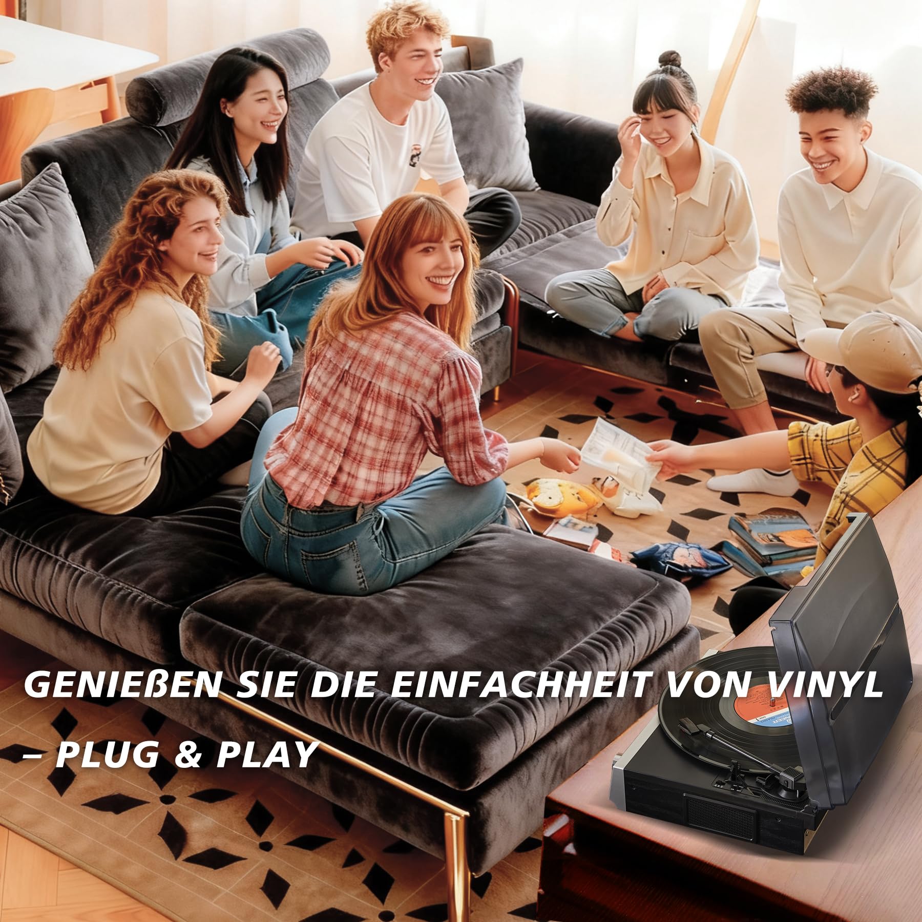Vintage All-in-One Schallplattenspieler mit eingebauten Lautsprechern, 3-Geschwindigkeiten 33/45/78 U/min, FM-Radio, RCA & Kopfhörer-Ausgang, Schwarzes Holz — Kein Bluetooth