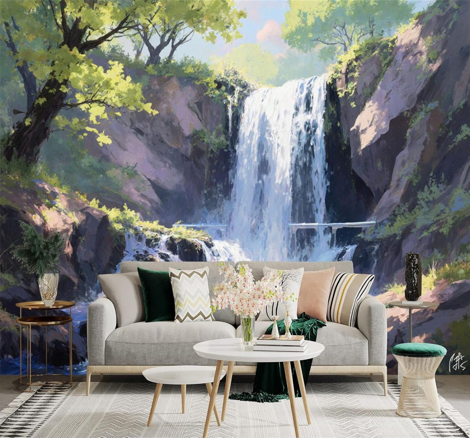 Tzxztt 250Cm×170Cm(B×H) Sunlight Rocks Green Trees Waterfall Landscape Modern 3D Wallpaper Premium Textured Silk Neutral Tones Material Ideal For Living Room Bedroom-250Cm×170Cm