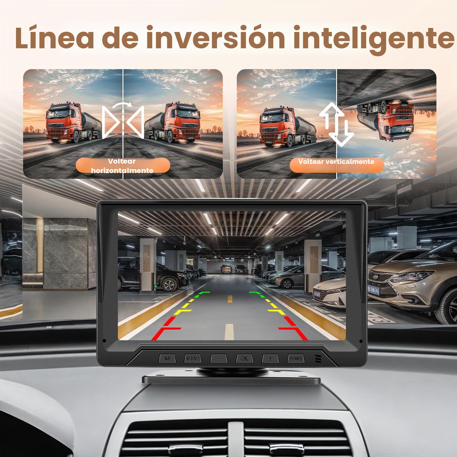Hodozzy Cámara de Marcha Atrás con Radar, 7 Pulgadas Pantalla 1080P Monitor con Visión Nocturna y IP68 Impermeable y Línea de Marcha Atrás Inteligente, Aparcamiento Cámara de Visión Trasera para 12V