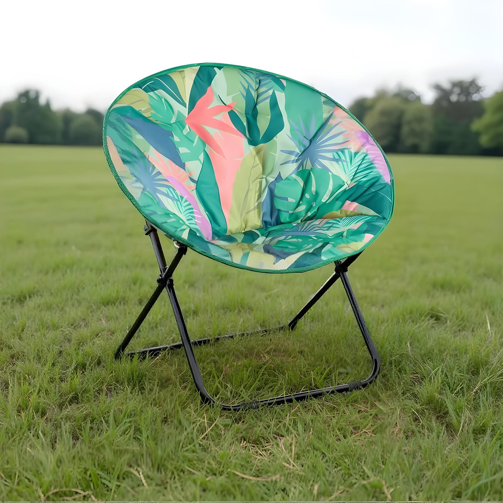 OHS Moon Chair Palm Print Padded Camping Chair, Lightweight Comfy Round Folding Chairs with Steel Frame Portable Reading Chairs for Living Room Bedroom Outdoor Activities, Green