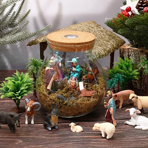 Miniatura 4 de Juego de 27 figuras de belén de Navidad, incluyendo bebé Jesús, estatua de la familia sagrada, modelo, árbol, musgo seco para mesa, decoración del