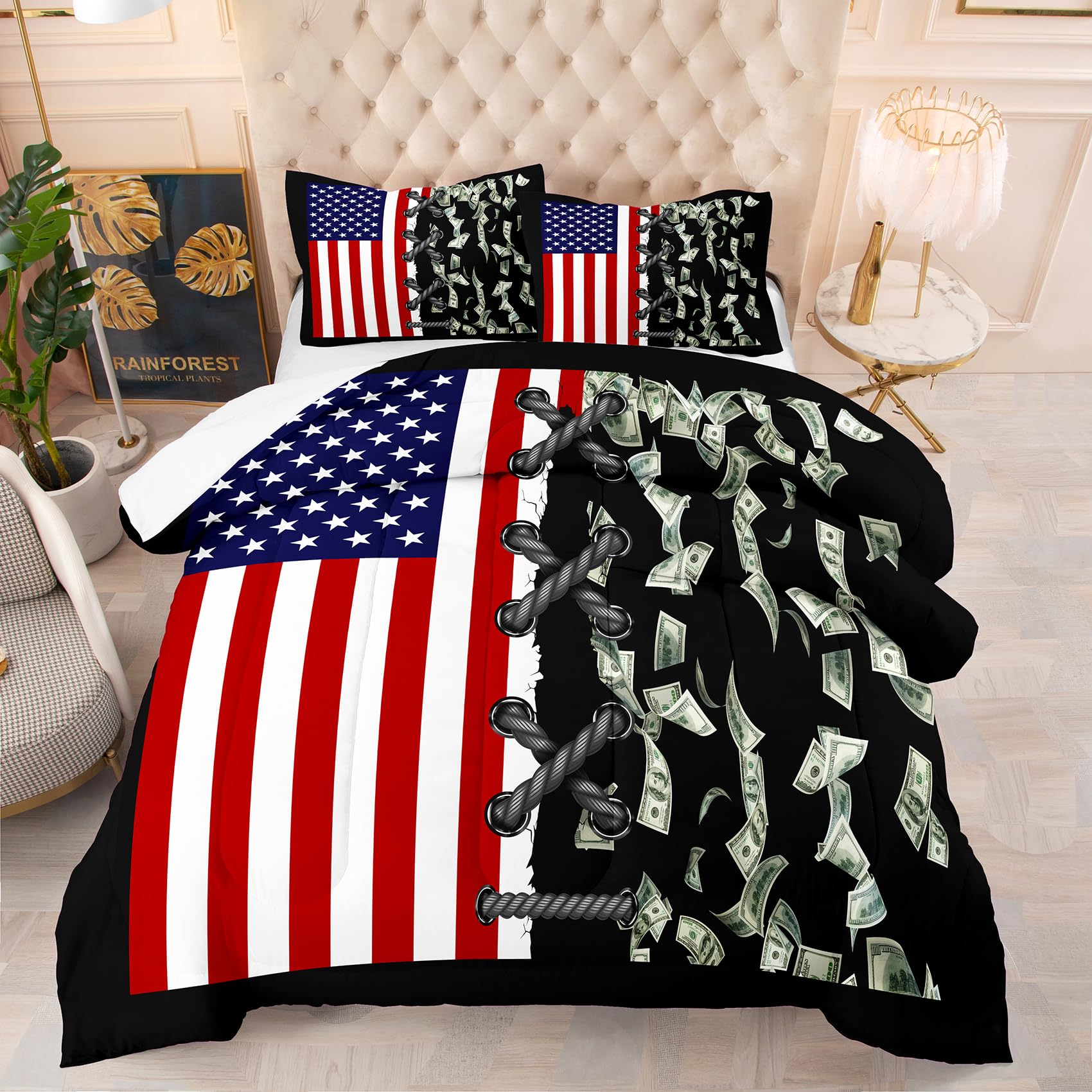 Tailor Shop American Flag Comforter Sets King Size,Money Comforter Set American Flag Bedding Sets for Kids Boys Teens One Hundred Dollar Bedding Sets 3 Piece with 1 Comforter and 2 Pillowcase……