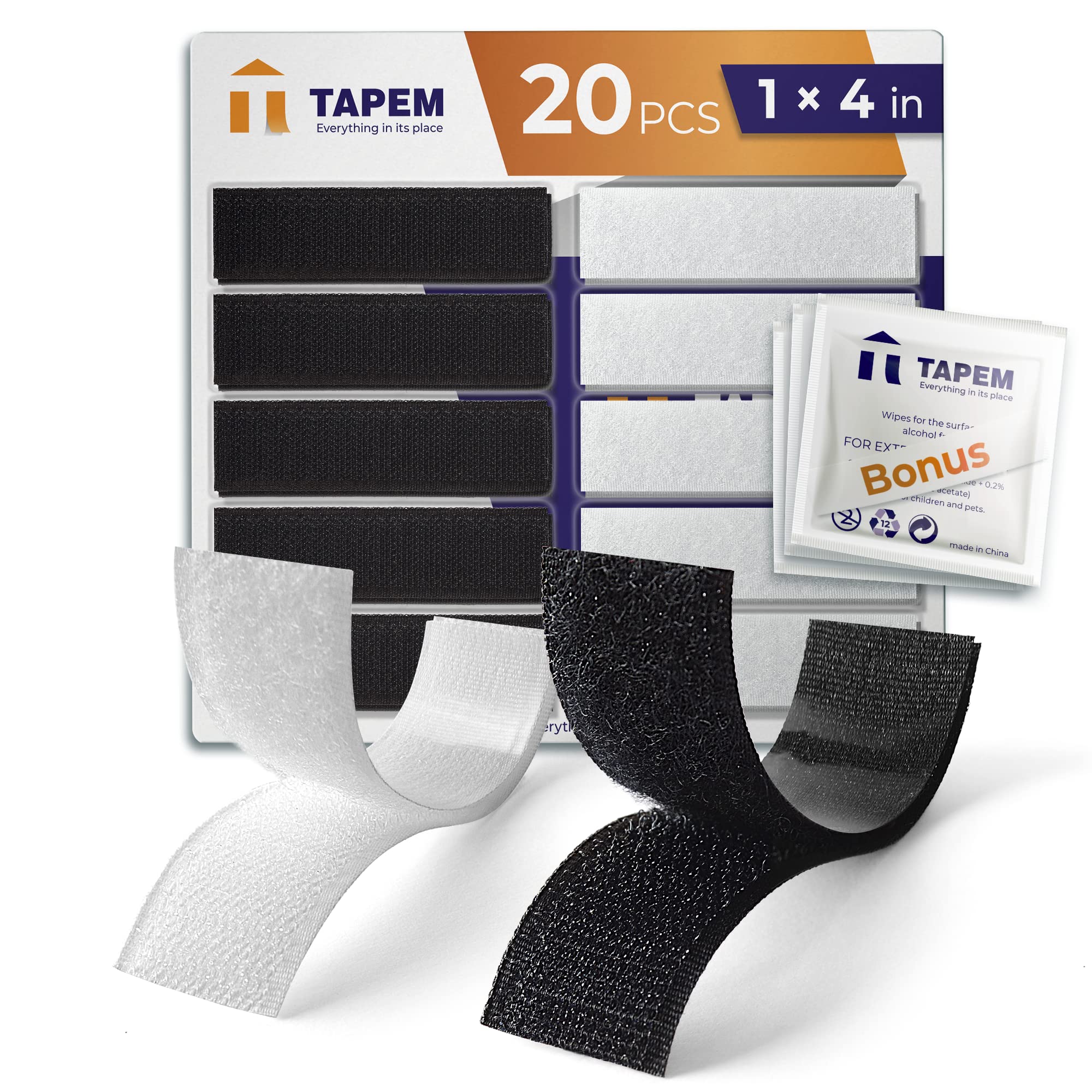 Photo 1 of Tapem 1 x 4" 20 Sets - Hook and Loop Strips with Adhesive - Adhesive Tape Strips - White & Black Rectangular Tapes - Hook and Loop Wall Strips for Home and Office - Adhesive Strips for Any Needs! (Strips) 20 Pairs 1 x 4" Black & White 
(BUNDLE OF TWO)