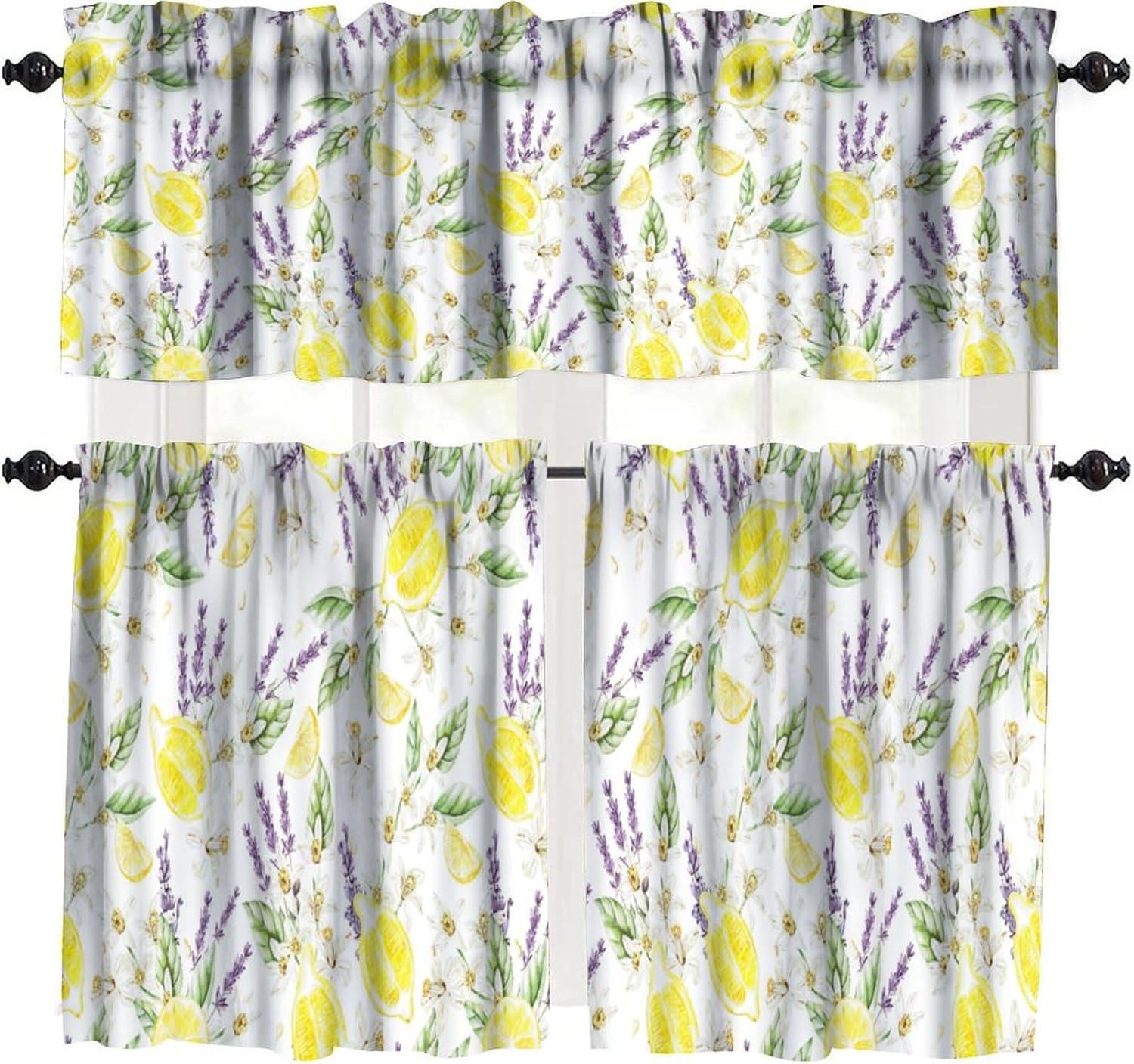Lemon Valance Curtains, Modern Miniaml Bohemian Spring Fruit Lavender Flower Leaves Pattern Blackout Home Decor Short Window Treatments Drapes for Kitchen Bathroom Bedroom 54x18in 1P/27x24in 2P