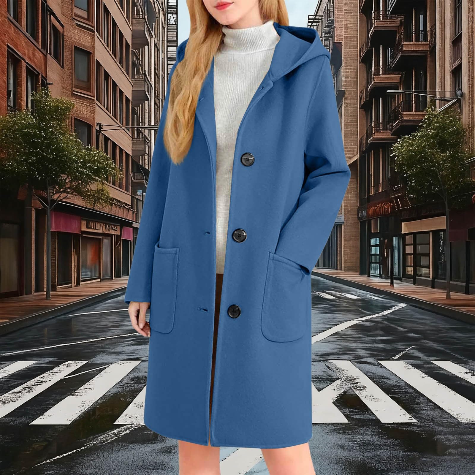 Generisch Wintermantel Damen Lang Warm Elegante Mit Kapuze Taschen Und Knöpfen Winterjacke Mittellang Herbst Übergangsjacke Gefütterte Wollmantel Freizeitjacke Mode Outdoorjacke