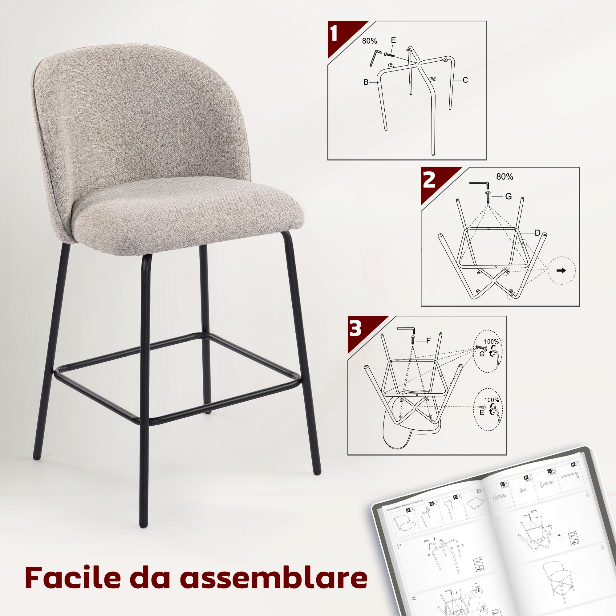 HOMCOM Set 2 Sgabelli Bar con Schienale Ergonomico con Poggiapiedi Grigio | Sgabelli Cucina in Lino, Gambe in Acciaio, Seduta Ampia Imbottita, Sedie Bar Alte per Soggiorno, Sala da Pranzo, Cucina