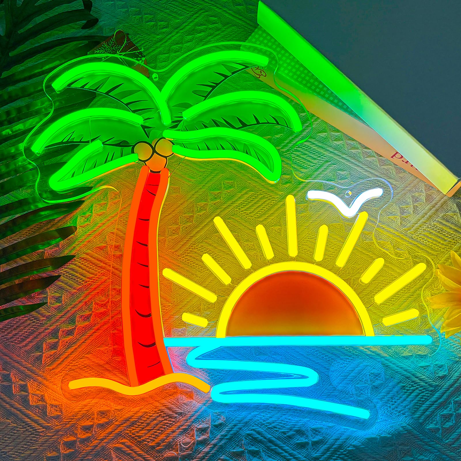Palm Tree Sunset Neon Sign, Tropical Beach Ocean Seagull LED Neon Light, Colorful Island Sunrise Wave Wall Art Decor, USB Dimmable Neon Sign for Tiki Bar Beach House Bedroom Pool Party Holiday Decor