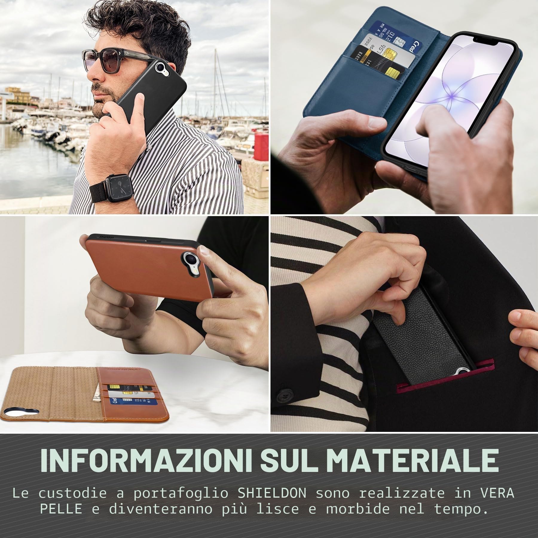 SHIELDON Cover in Vera Pelle per iPhone 16e/17e 6,1" 5G 2026, Nero | Blocco RFID, Portafoglio Magnetico 2 in 1, Ricarica Wireless, Cavalletto, Flip Rimovibile, Porta Carte, Custodia a Libro