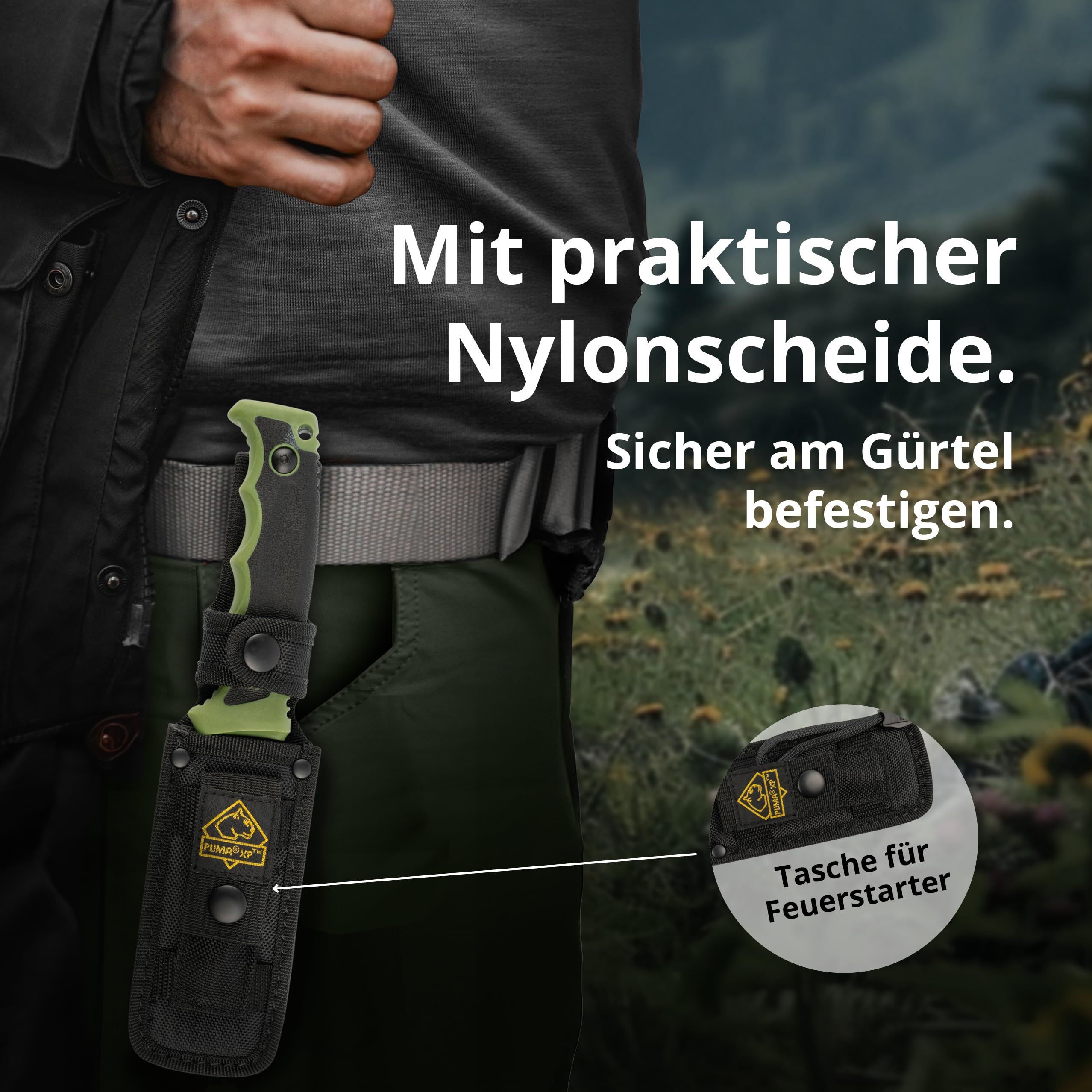 PUMA XP – Forever Knife - Feststehendes Gürtelmesser in Grün - 123mm Klinge aus 440er Stahl (55-57 HRC) - Mit robuster Kunststoffscheide - Für Outdoor, Survival, Jagd & Camping (Art.Nr.: 7205001)